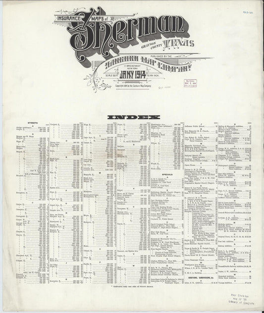 Sanborn Fire Insurance Map from Sherman, Grayson County, Texas (1914), Sheet #0001 - Historic Sanborn Fire Insurance Map Print, vintage old map wall art, antique decor, genealogy gift, Texas Texas map