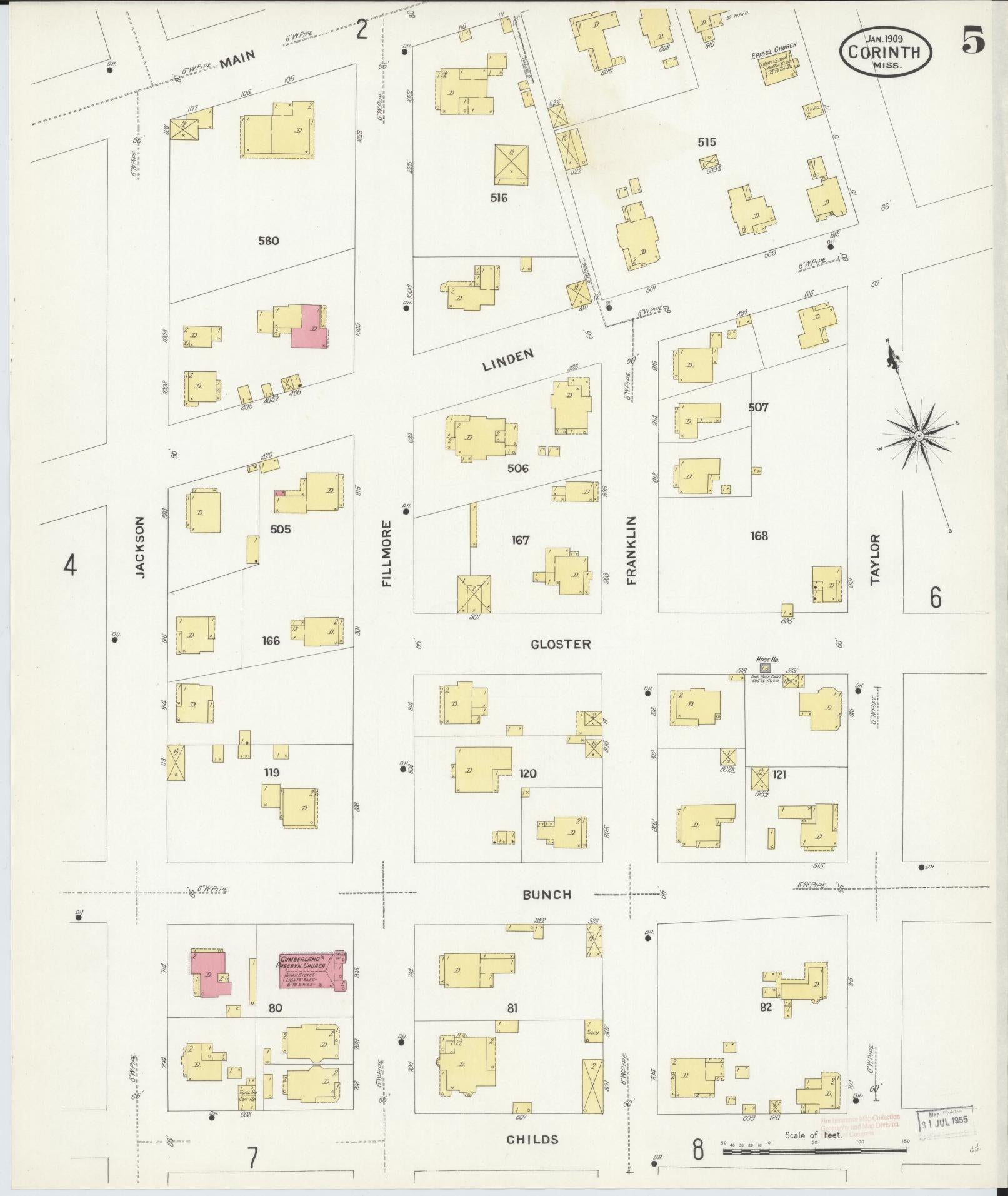Sanborn Fire Insurance Map from Corinth, Alcorn County, Mississippi (1909), Sheet #0005 - Complete Map Set gallery image, historic Sanborn map, vintage wall art, Mississippi Mississippi