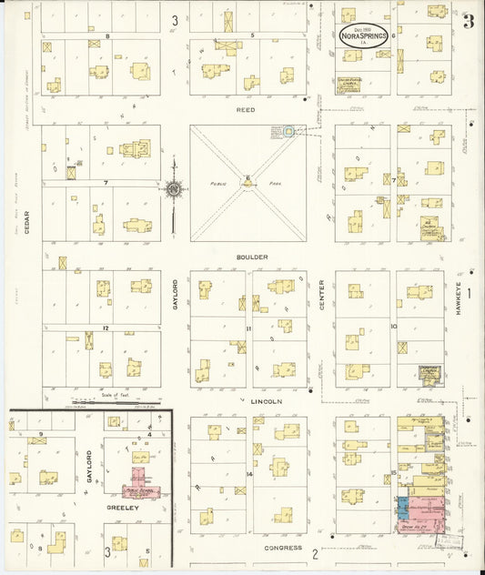 Sanborn Fire Insurance Map from Nora Springs, Floyd County, Iowa (1910), Sheet #0003 - Historic Sanborn Fire Insurance Map Print, vintage old map wall art