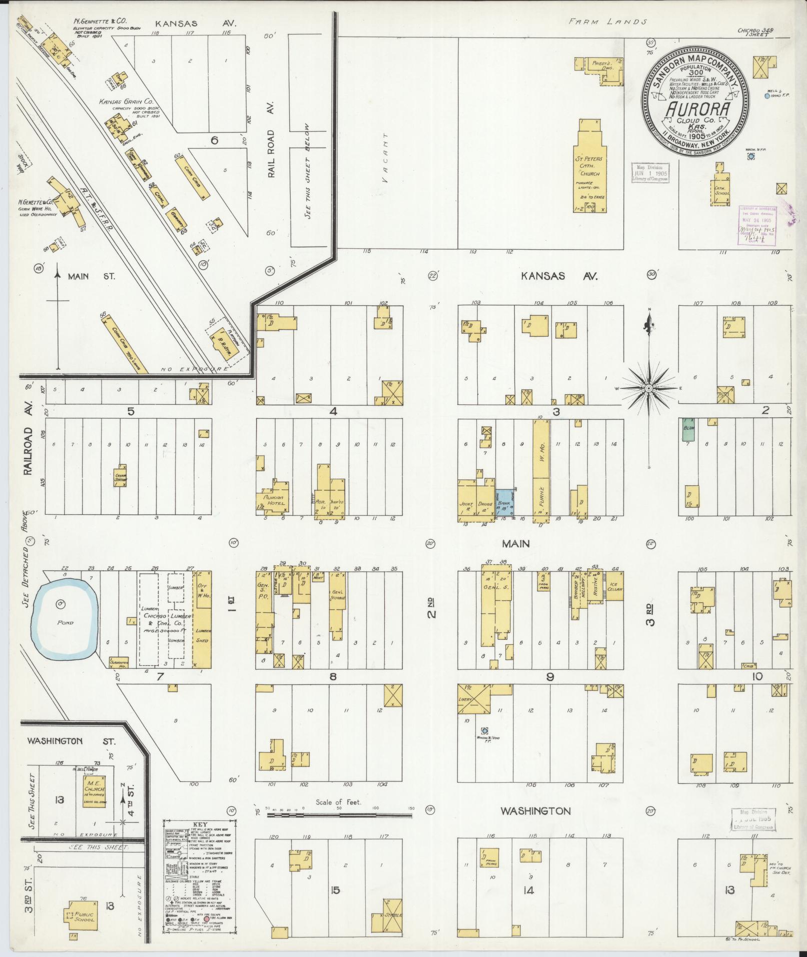 Sanborn Fire Insurance Map from Aurora, Cloud County, Kansas (1905), Sheet #0001 - Historic Sanborn Fire Insurance Map Print, vintage old map wall art, antique decor, genealogy gift, Kansas Kansas map