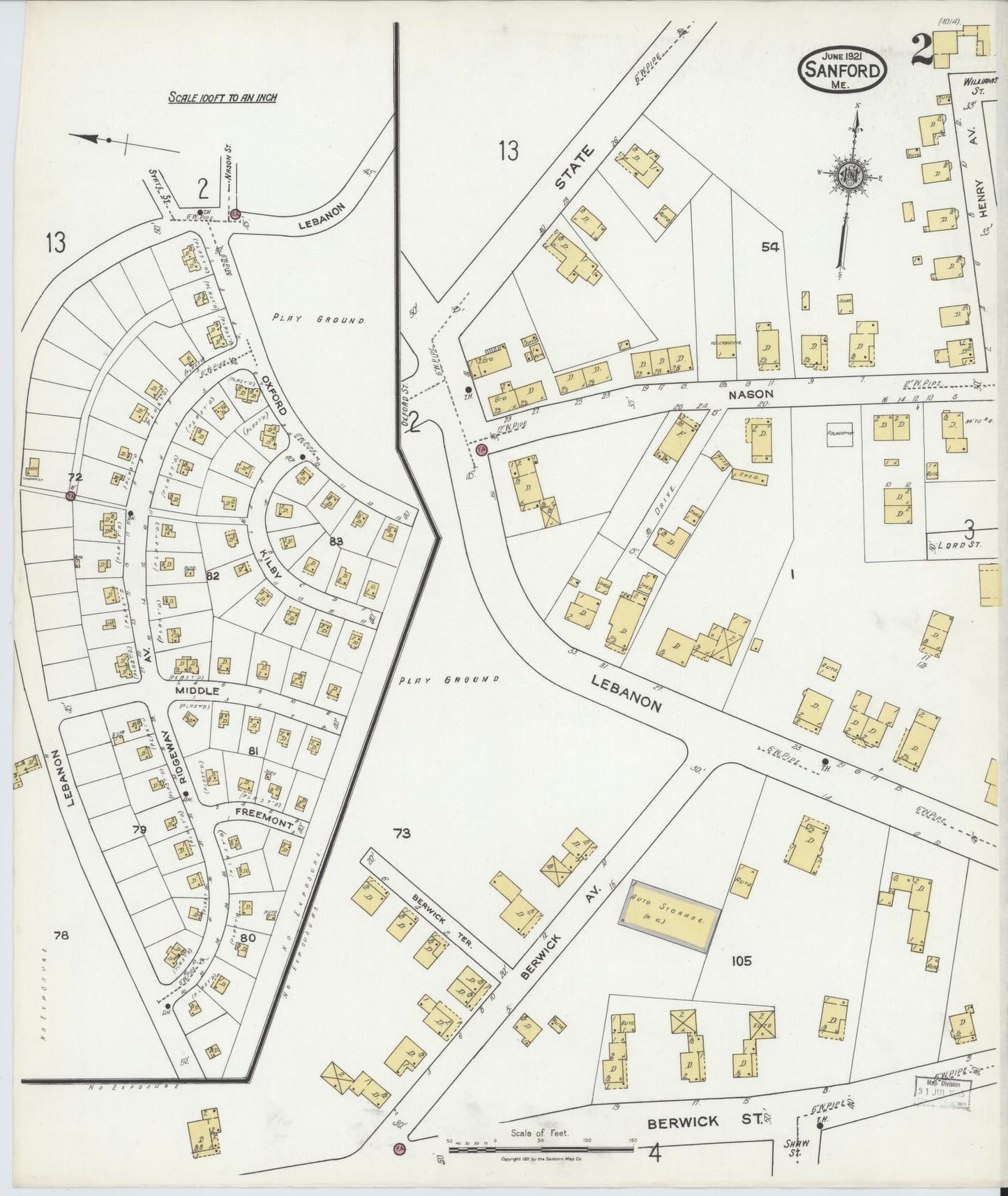 Sanborn Fire Insurance Map from Sanford, York County, Maine (1921), Sheet #0002 - Complete Map Set gallery image, historic Sanborn map, vintage wall art, Maine Maine