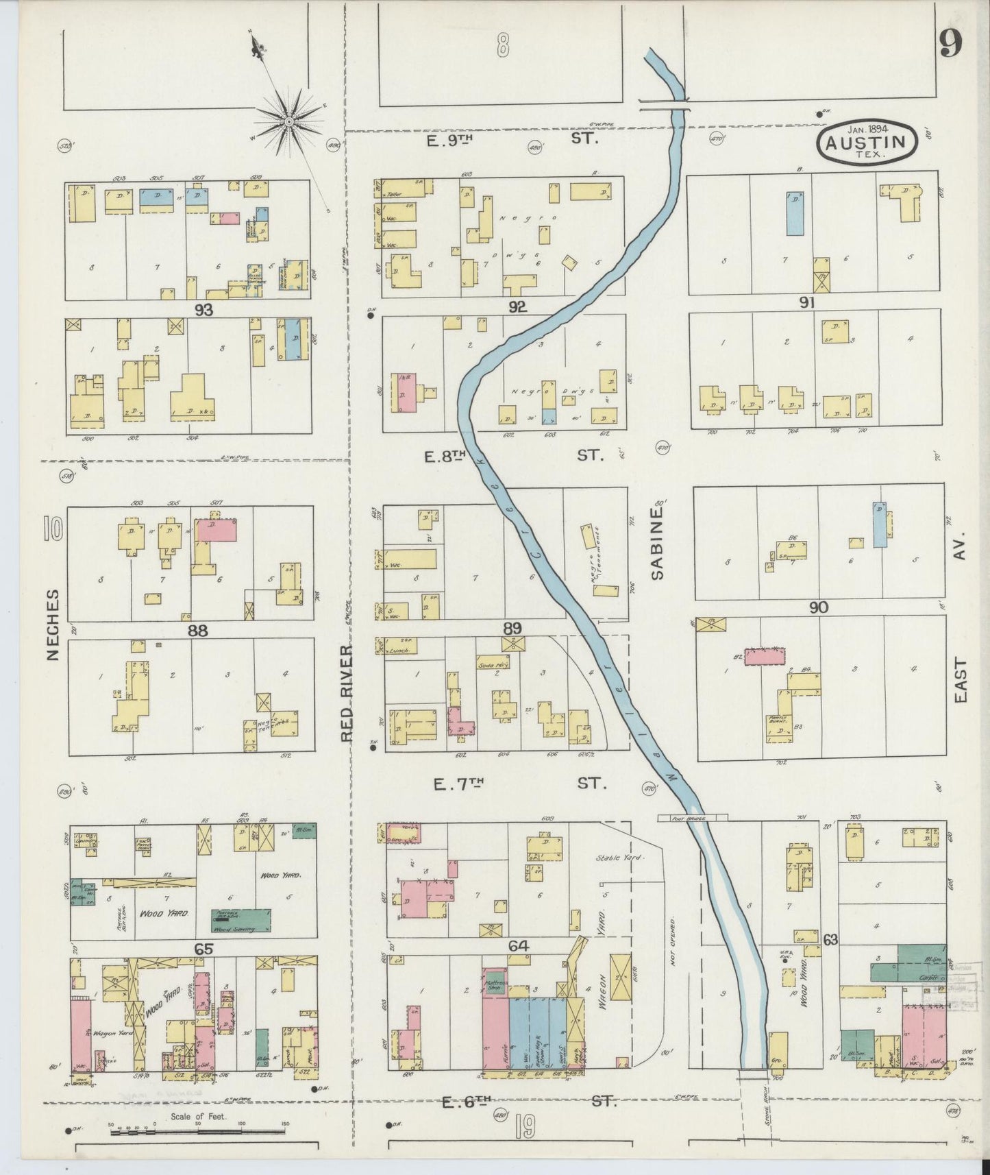 Sanborn Fire Insurance Map from Austin, Travis County, Texas (1894), Sheet #0009 - Historic Sanborn Fire Insurance Map Print, vintage old map wall art, antique decor, genealogy gift, Texas Texas map