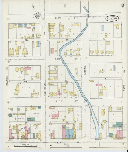 Sanborn Fire Insurance Map from Austin, Travis County, Texas (1894), Sheet #0009 - Historic Sanborn Fire Insurance Map Print, vintage old map wall art, antique decor, genealogy gift, Texas Texas map