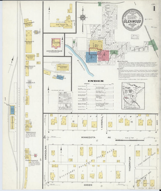 Sanborn Fire Insurance Map from Glenwood, Pope County, Minnesota (1917), Sheet #0001 - Historic Sanborn Fire Insurance Map Print, vintage old map wall art, antique decor, genealogy gift, Minnesota Minnesota map