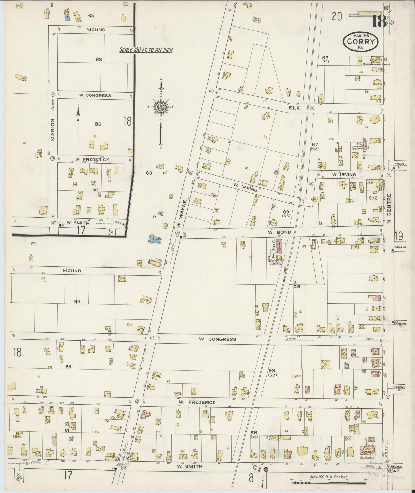 Sanborn Fire Insurance Map from Corry, Erie County, Pennsylvania (1915), Sheet #0018 - Historic Sanborn Fire Insurance Map Print, vintage old map wall art, antique decor, genealogy gift, Pennsylvania Pennsylvania map