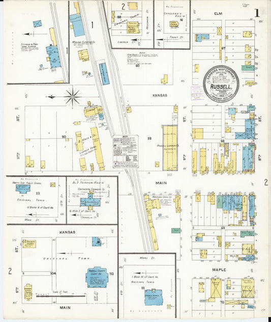 Sanborn Fire Insurance Map from Russell, Russell County, Kansas (1905), Sheet #0001 - Historic Sanborn Fire Insurance Map Print, vintage old map wall art, antique decor, genealogy gift, Kansas Kansas map