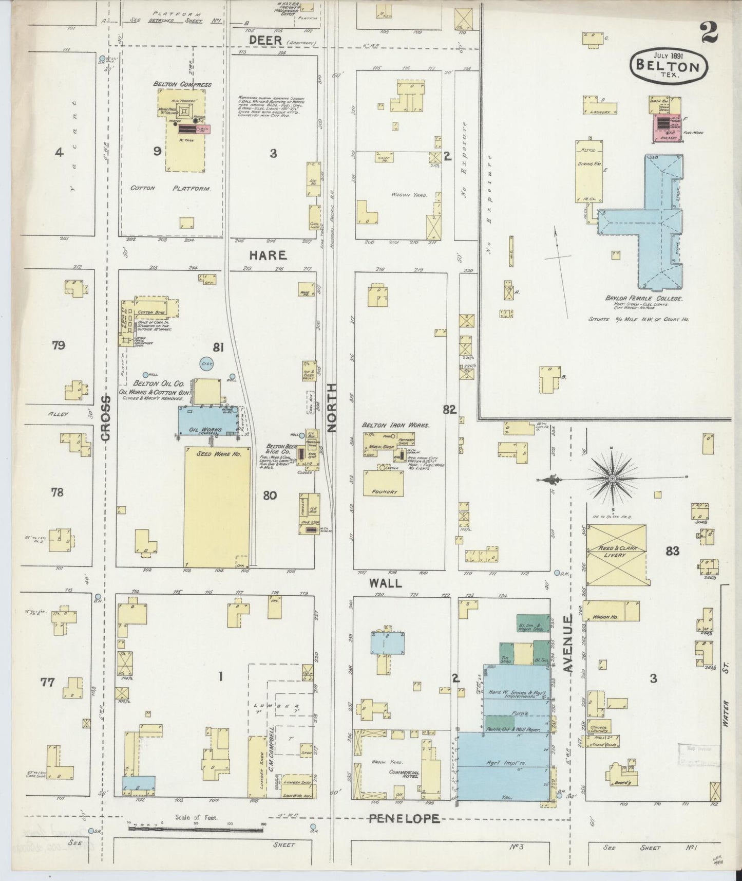 Sanborn Fire Insurance Map from Belton, Bell County, Texas (1891), Sheet #0002 - Historic Sanborn Fire Insurance Map Print, vintage old map wall art, antique decor, genealogy gift, Texas Texas map