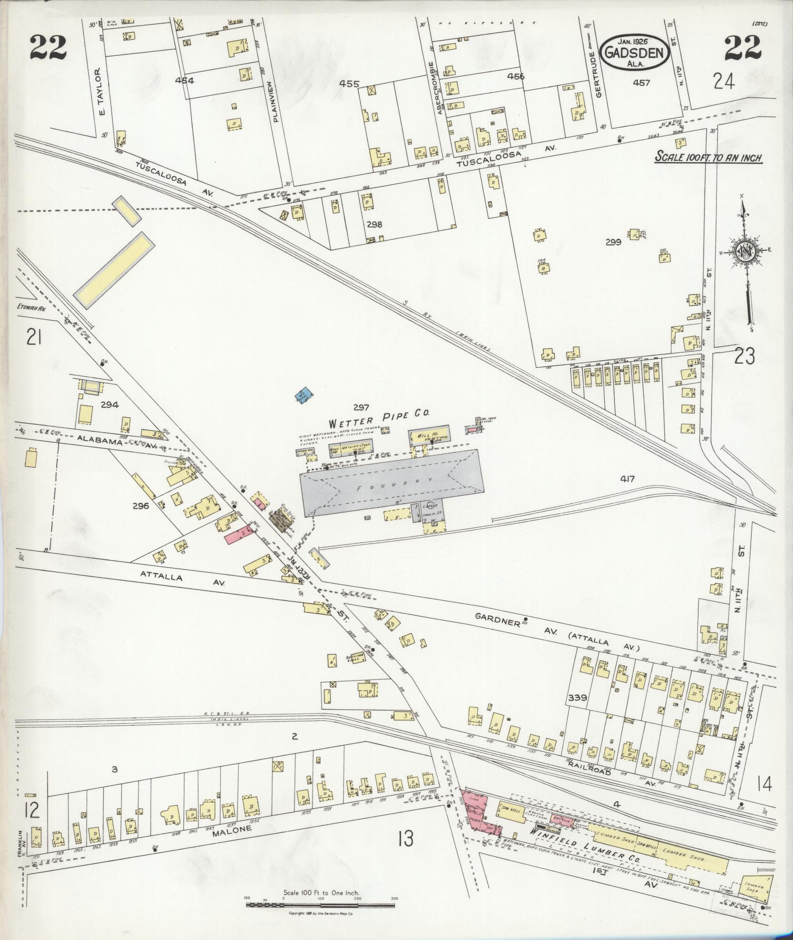 Sanborn Fire Insurance Map from Gadsden, Etowah County, Alabama (1926), Sheet #0022 - Complete Map Set gallery image, historic Sanborn map, vintage wall art, Alabama Alabama