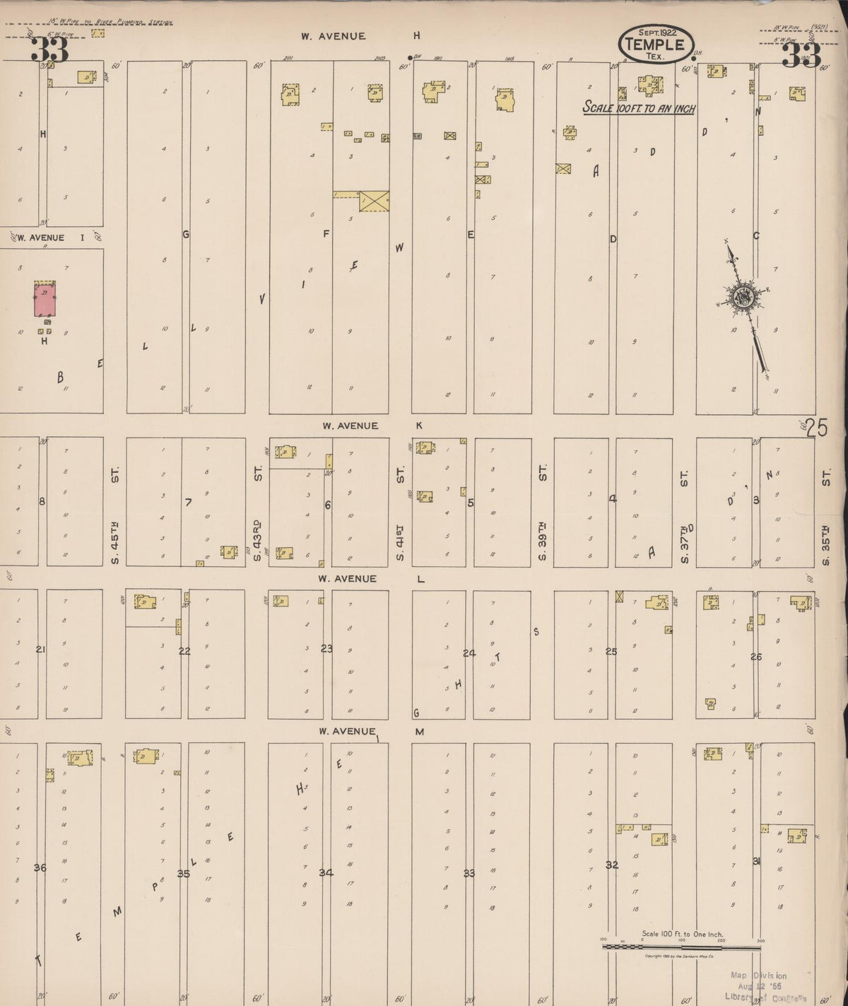 Sanborn Fire Insurance Map from Temple, Bell County, Texas (1922), Sheet #0033 - Historic Sanborn Fire Insurance Map Print, vintage old map wall art, antique decor, genealogy gift, Texas Texas map