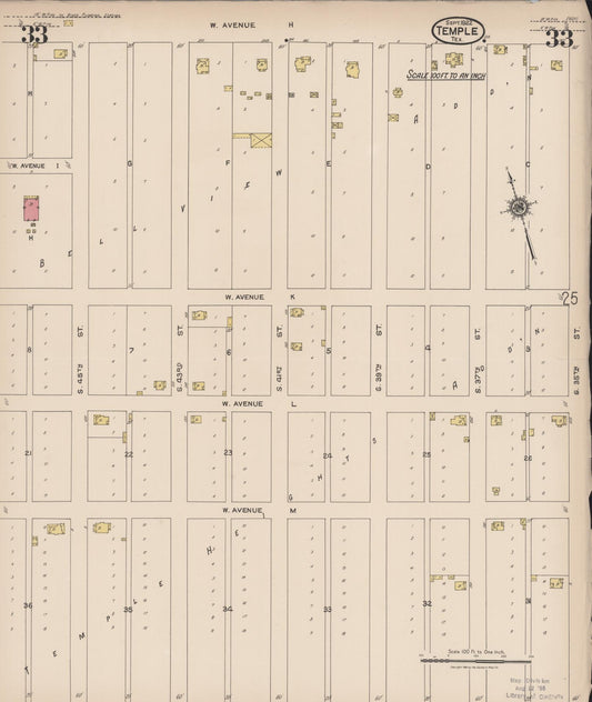 Sanborn Fire Insurance Map from Temple, Bell County, Texas (1922), Sheet #0033 - Historic Sanborn Fire Insurance Map Print, vintage old map wall art, antique decor, genealogy gift, Texas Texas map