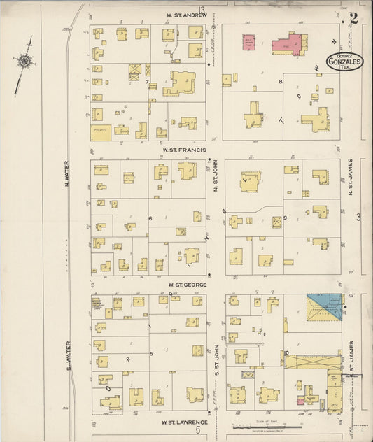 Sanborn Fire Insurance Map from Gonzales, Gonzales County, Texas (1922), Sheet #0002 - Historic Sanborn Fire Insurance Map Print, vintage old map wall art, antique decor, genealogy gift, Texas Texas map