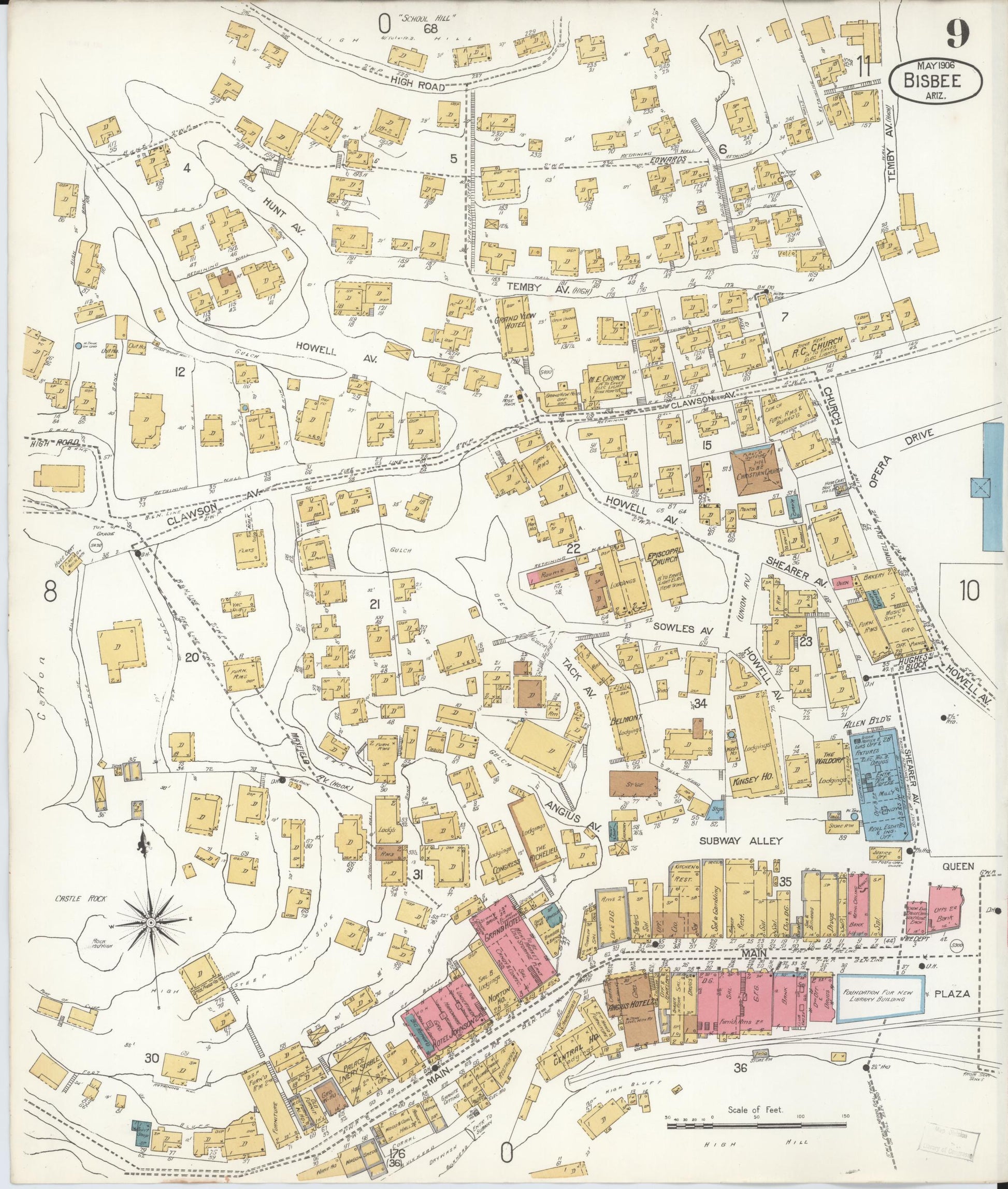 Sanborn Fire Insurance Map from Bisbee, Cochise County, Arizona (1906), Sheet #0009 - Historic Sanborn Fire Insurance Map Print, vintage old map wall art, antique decor, genealogy gift, Arizona Arizona map