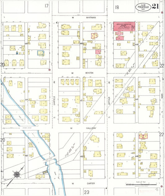 Sanborn Fire Insurance Map from Pocatello, Bannock County, Idaho (1921), Sheet #0021 - Historic Sanborn Fire Insurance Map Print, vintage old map wall art, antique decor, genealogy gift, Idaho Idaho map