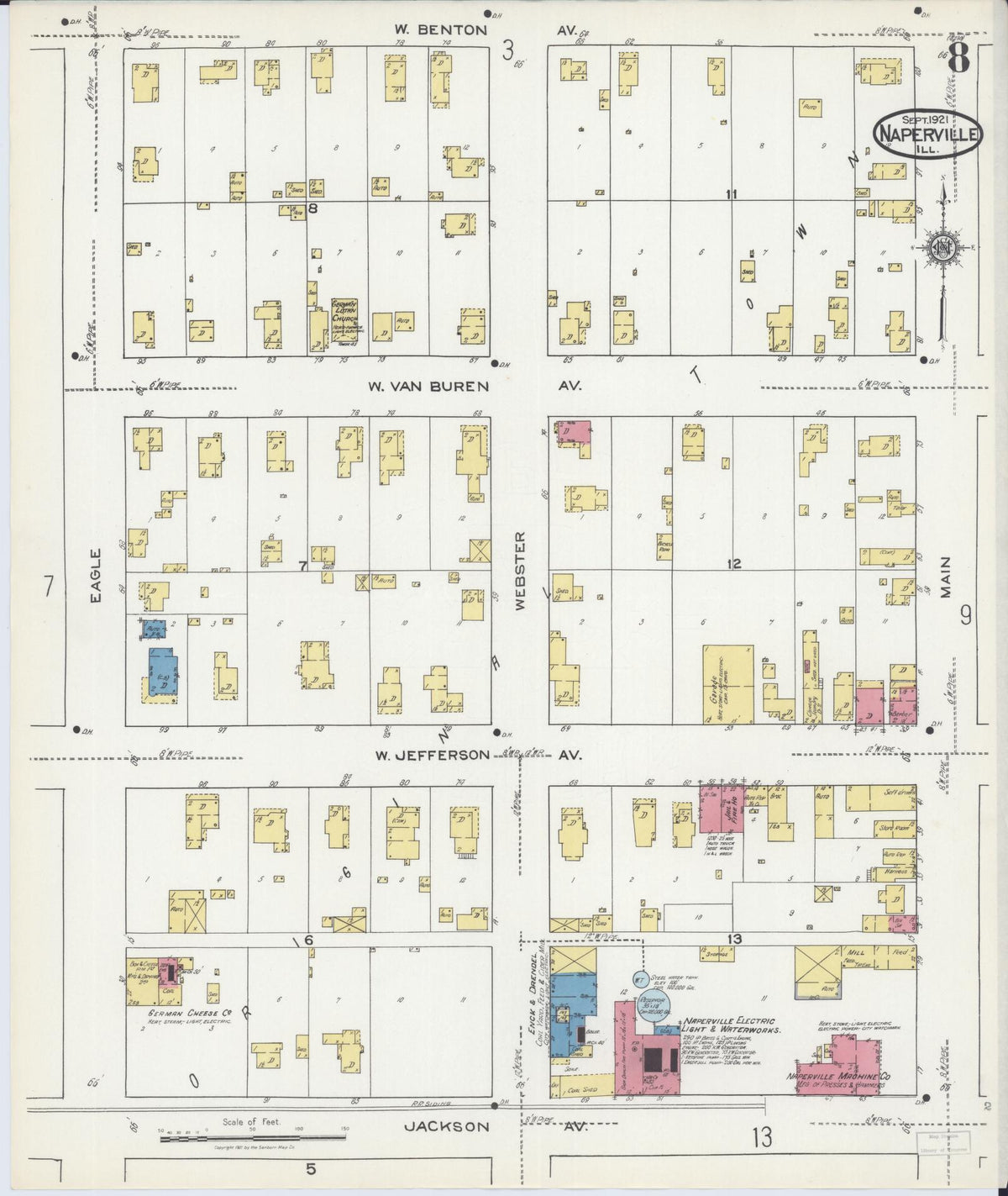 Sanborn Fire Insurance Map from Naperville, Du Page County, Illinois (1921), Sheet #0008 - Historic Sanborn Fire Insurance Map Print, vintage old map wall art, antique decor, genealogy gift, Illinois Illinois map