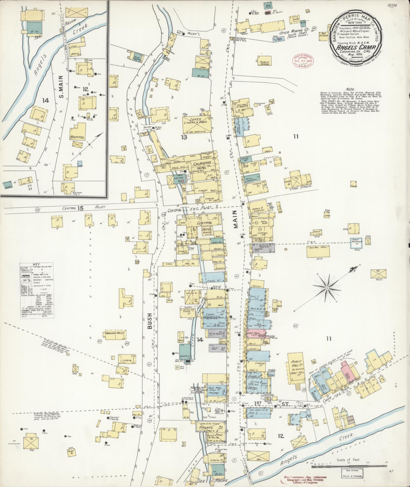 Sanborn Fire Insurance Map from Angels Camp, Calaveras County, California (1895), Sheet #0001 - Historic Sanborn Fire Insurance Map Print, vintage old map wall art, antique decor, genealogy gift, California California map