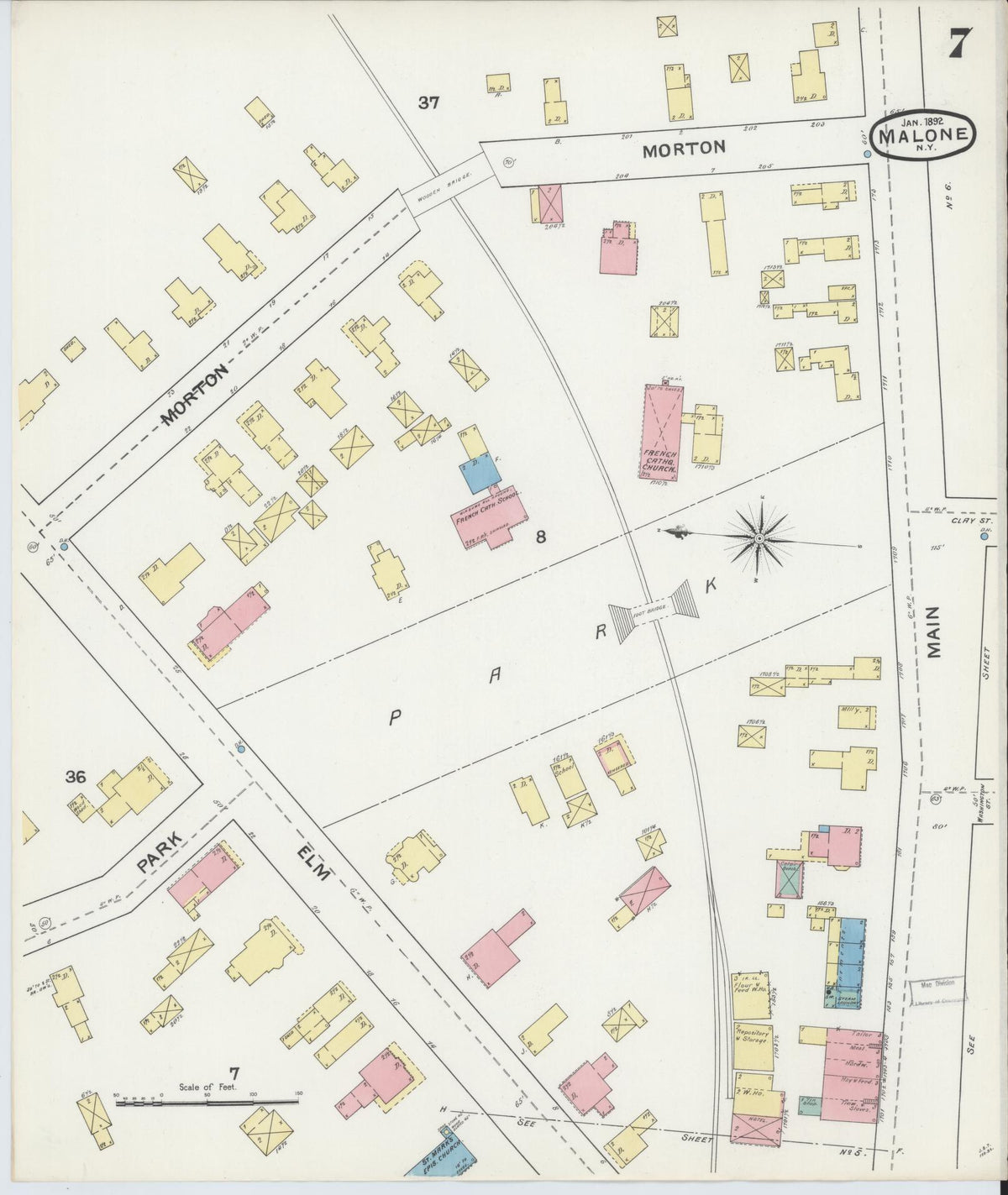 Sanborn Fire Insurance Map from Malone, Franklin County, New York (1892), Sheet #0007 - Historic Sanborn Fire Insurance Map Print, vintage old map wall art, antique decor, genealogy gift, New York New York map