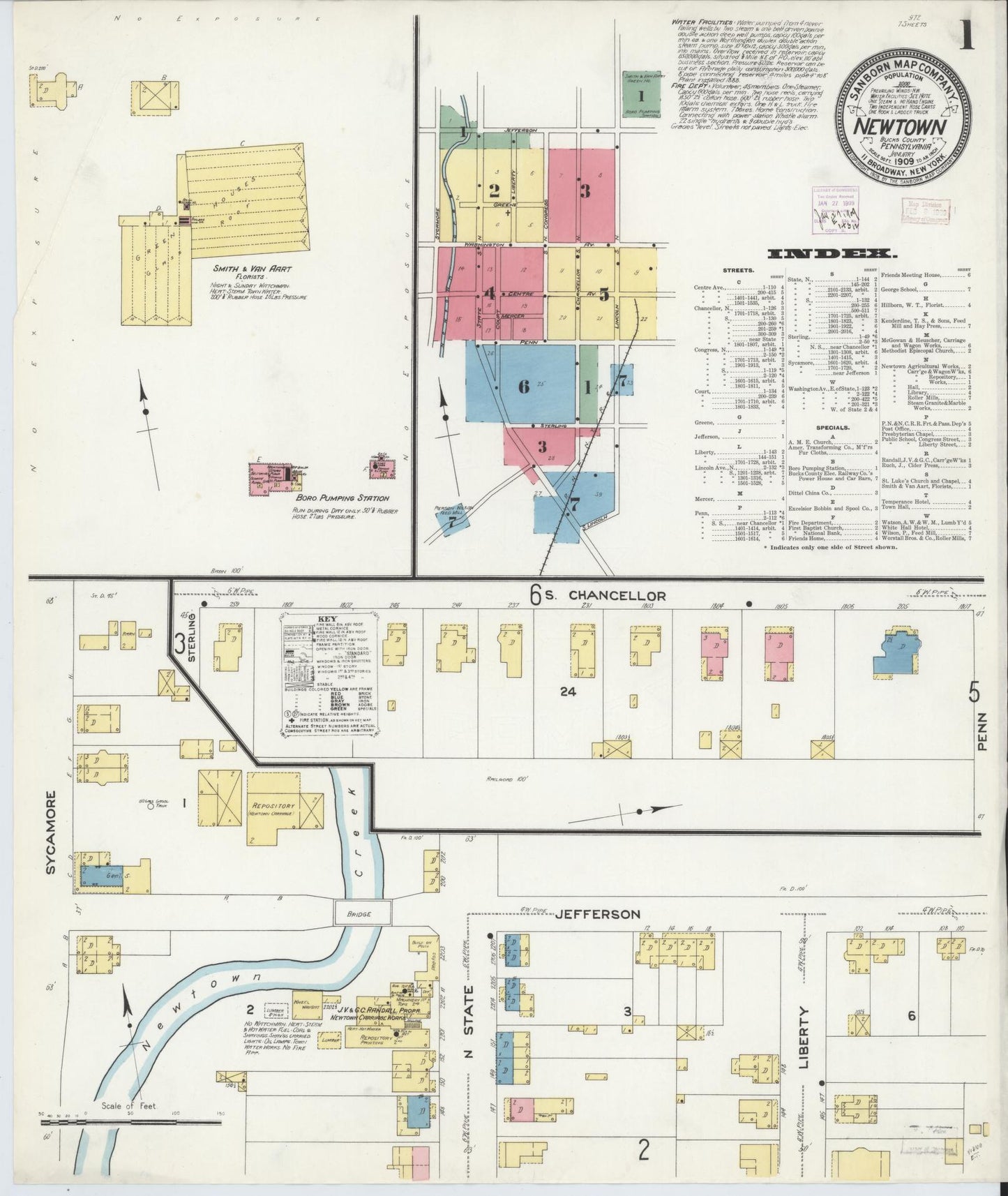 Sanborn Fire Insurance Map from Newtown, Bucks County, Pennsylvania (1909), Sheet #0001 - Complete Map Set gallery image, historic Sanborn map, vintage wall art, Pennsylvania Pennsylvania