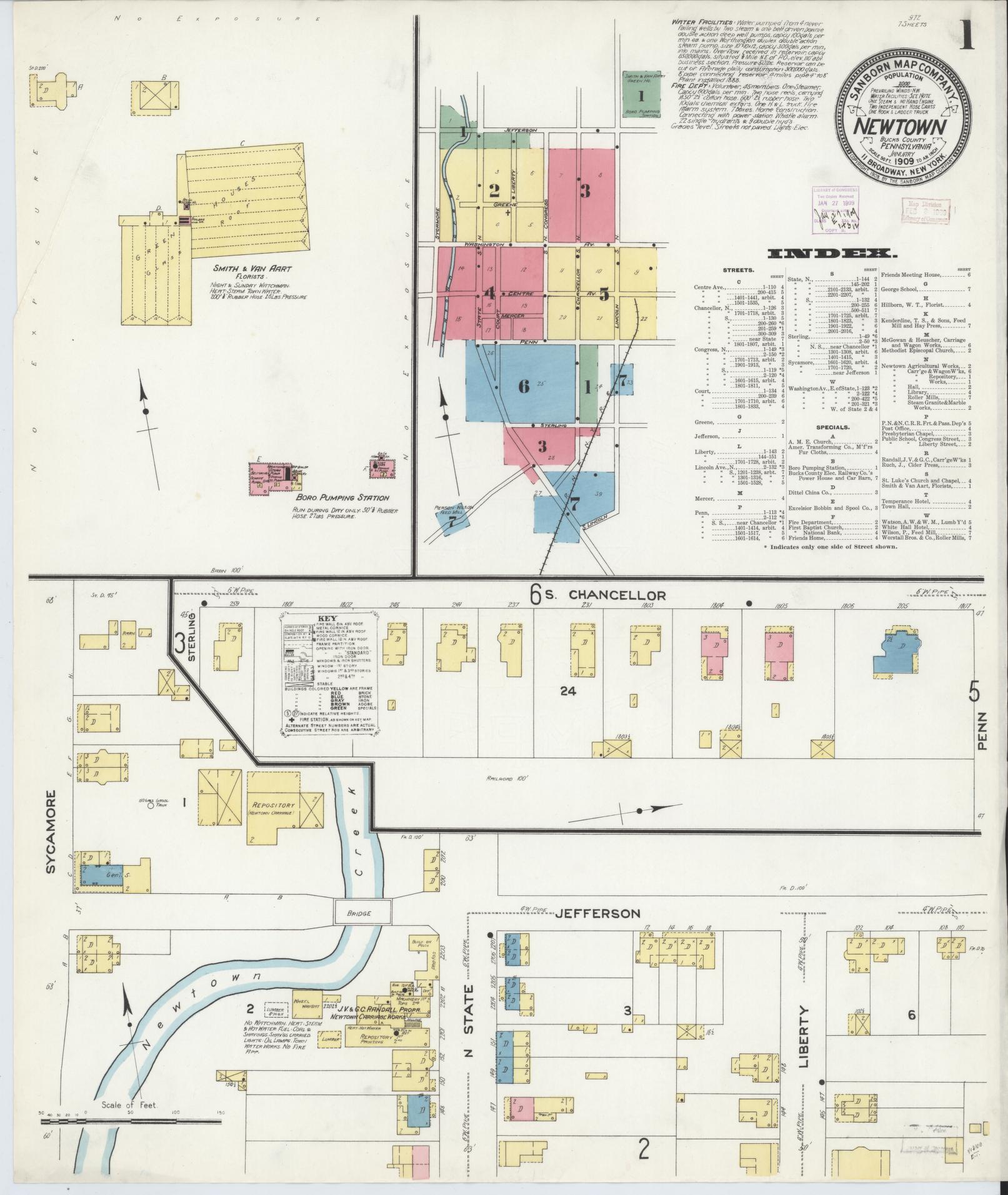 Sanborn Fire Insurance Map from Newtown, Bucks County, Pennsylvania (1909), Sheet #0001 - Complete Map Set gallery image, historic Sanborn map, vintage wall art, Pennsylvania Pennsylvania