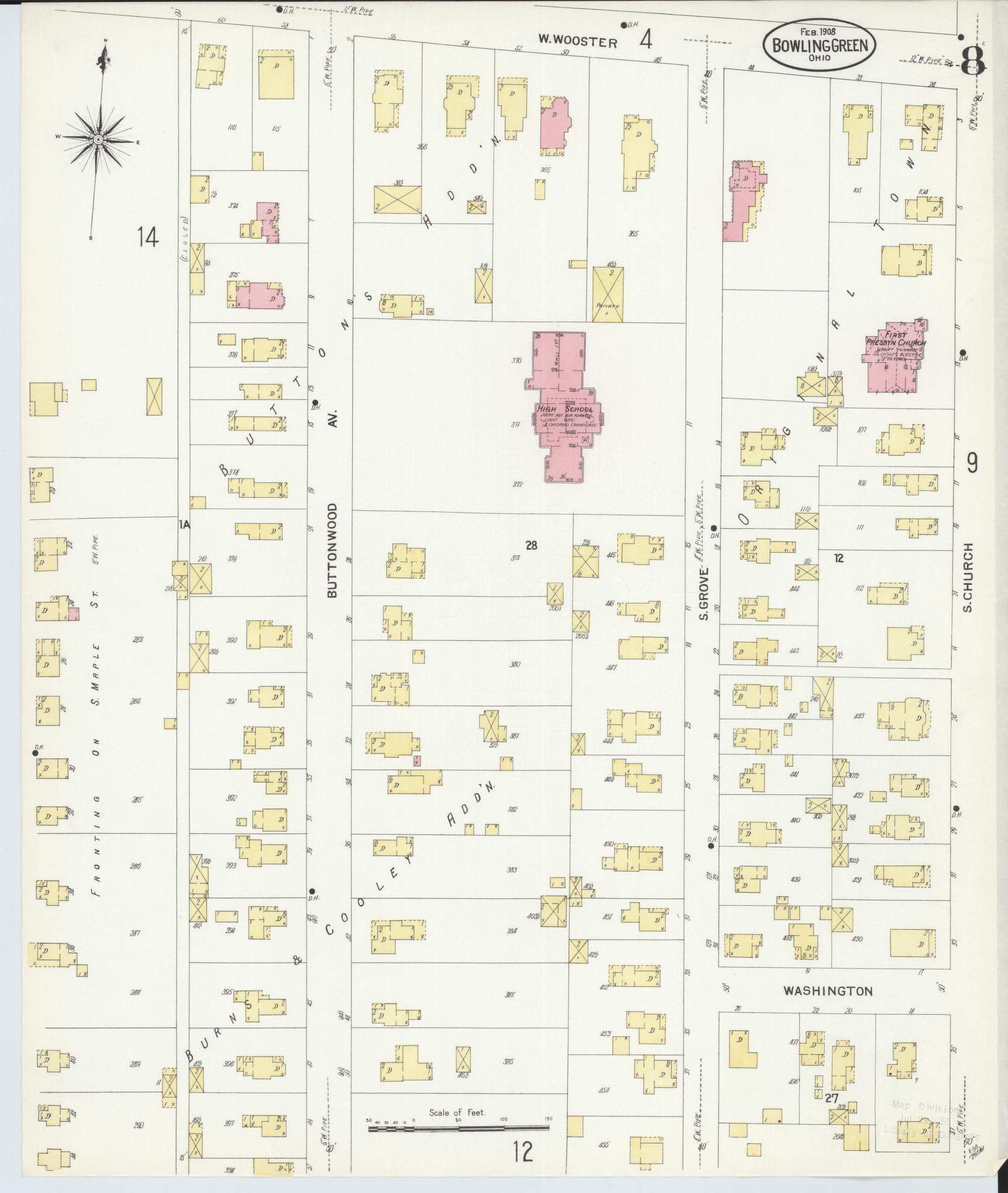 Sanborn Fire Insurance Map from Bowling Green, Wood County, Ohio (1908), Sheet #0008 - Historic Sanborn Fire Insurance Map Print, vintage old map wall art, antique decor, genealogy gift, Ohio Ohio map