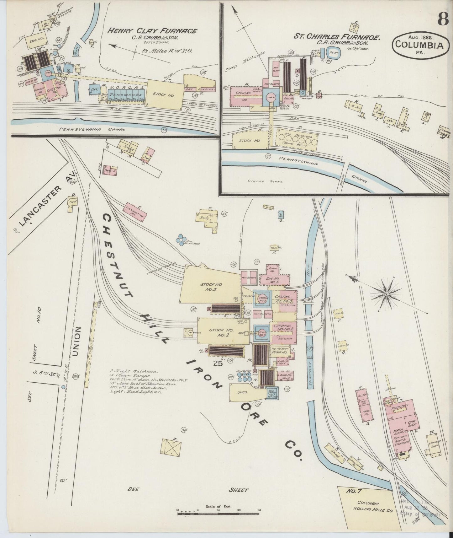 Sanborn Fire Insurance Map from Columbia, Lancaster County, Pennsylvania (1886), Sheet #0008 - Historic Sanborn Fire Insurance Map Print, vintage old map wall art, antique decor, genealogy gift, Pennsylvania Pennsylvania map