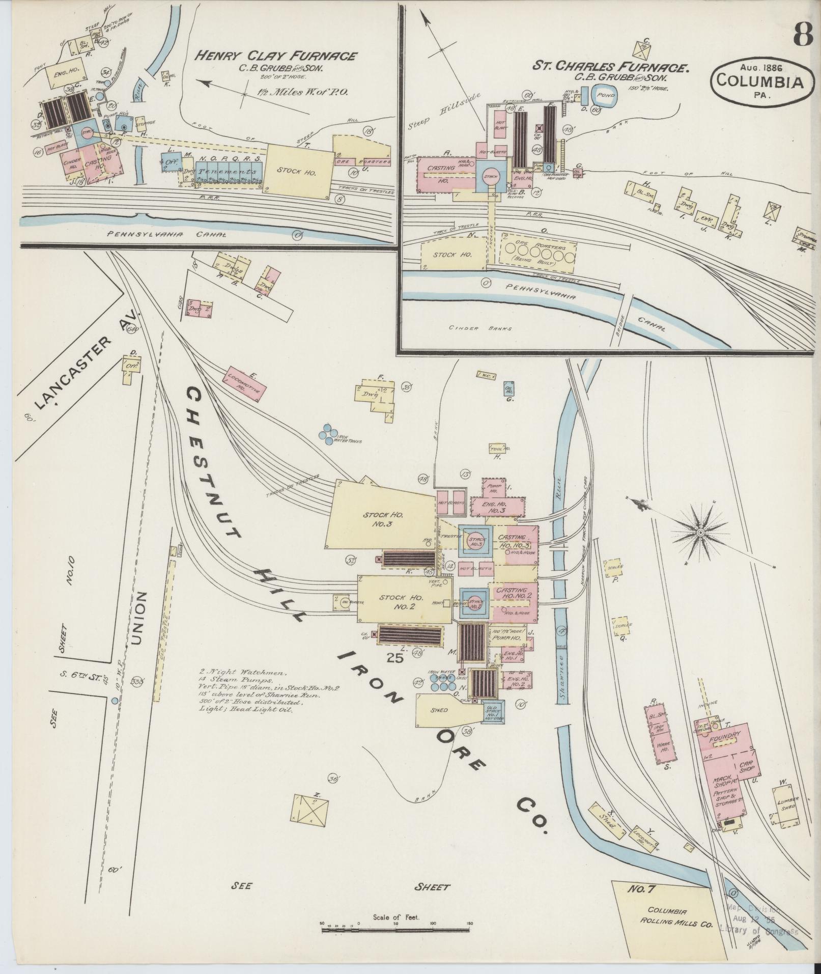 Sanborn Fire Insurance Map from Columbia, Lancaster County, Pennsylvania (1886), Sheet #0008 - Historic Sanborn Fire Insurance Map Print, vintage old map wall art, antique decor, genealogy gift, Pennsylvania Pennsylvania map