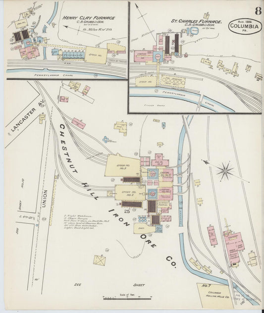 Sanborn Fire Insurance Map from Columbia, Lancaster County, Pennsylvania (1886), Sheet #0008 - Historic Sanborn Fire Insurance Map Print, vintage old map wall art, antique decor, genealogy gift, Pennsylvania Pennsylvania map
