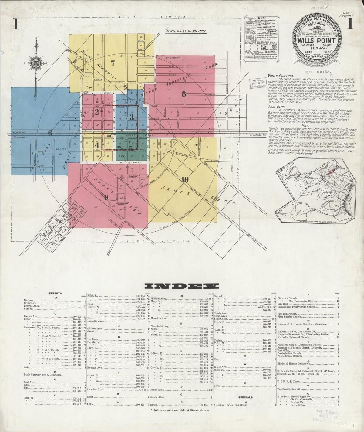 Sanborn Fire Insurance Map from Wills Point, Van Zandt County, Texas (1923), Sheet #0001 - Historic Sanborn Fire Insurance Map Print, vintage old map wall art, antique decor, genealogy gift, Texas Texas map