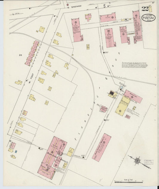 Sanborn Fire Insurance Map from Pontiac, Oakland County, Michigan (1915), Sheet #0022 - Historic Sanborn Fire Insurance Map Print, vintage old map wall art, antique decor, genealogy gift, Michigan Michigan map