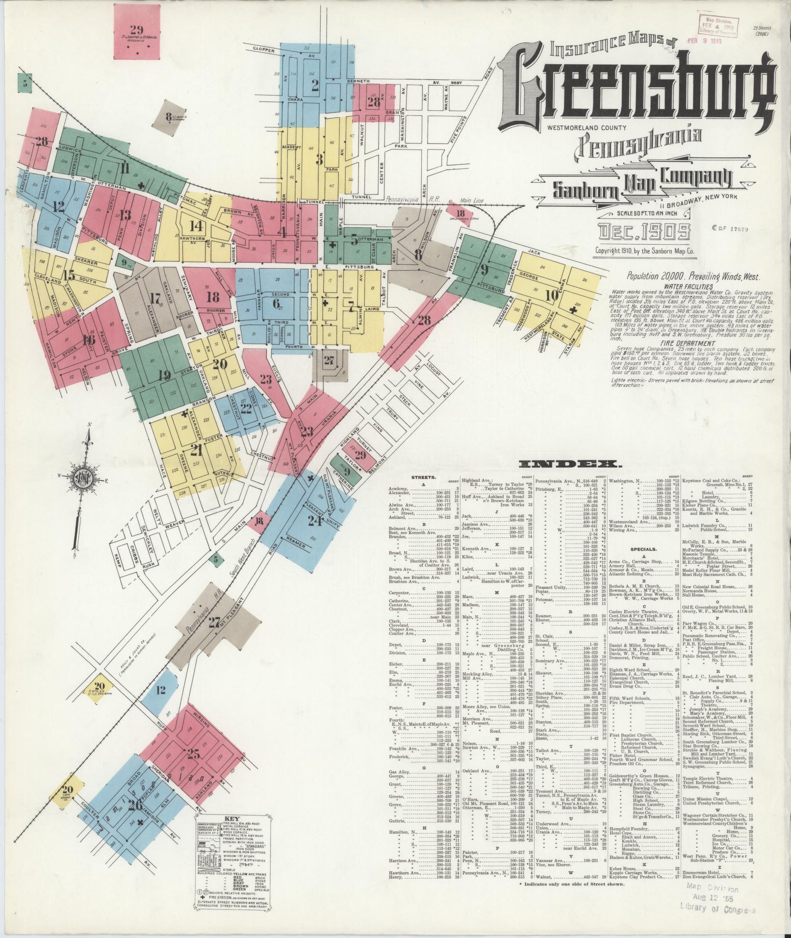 Sanborn Fire Insurance Map from Greensburg, Westmoreland County, Pennsylvania (1909), Sheet #0001 - Historic Sanborn Fire Insurance Map Print, vintage old map wall art, antique decor, genealogy gift, Pennsylvania Pennsylvania map