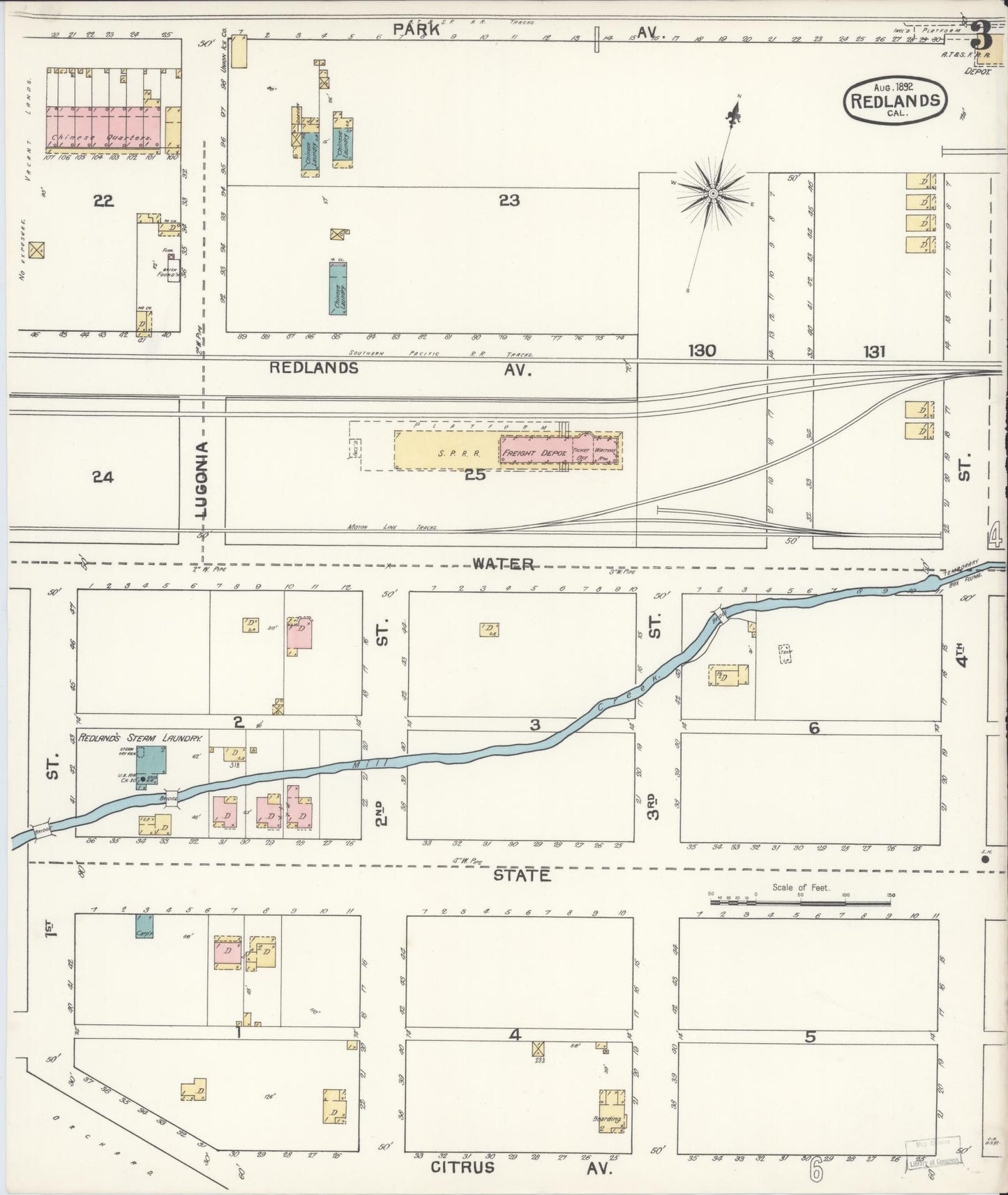 Sanborn Fire Insurance Map from Redlands, San Bernardino County, California (1892), Sheet #0003 - Complete Map Set gallery image, historic Sanborn map, vintage wall art, California California