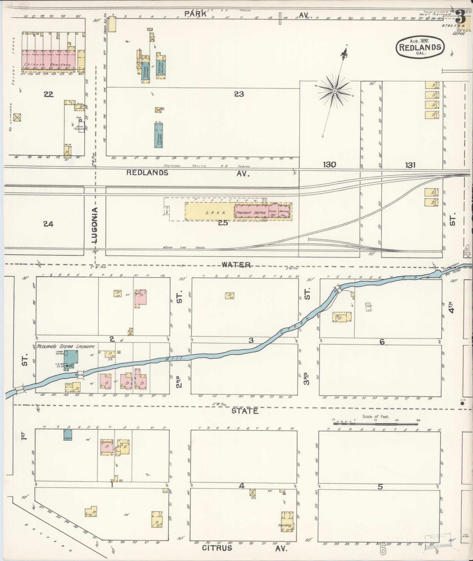 Sanborn Fire Insurance Map from Redlands, San Bernardino County, California (1892), Sheet #0003 - Complete Map Set gallery image, historic Sanborn map, vintage wall art, California California