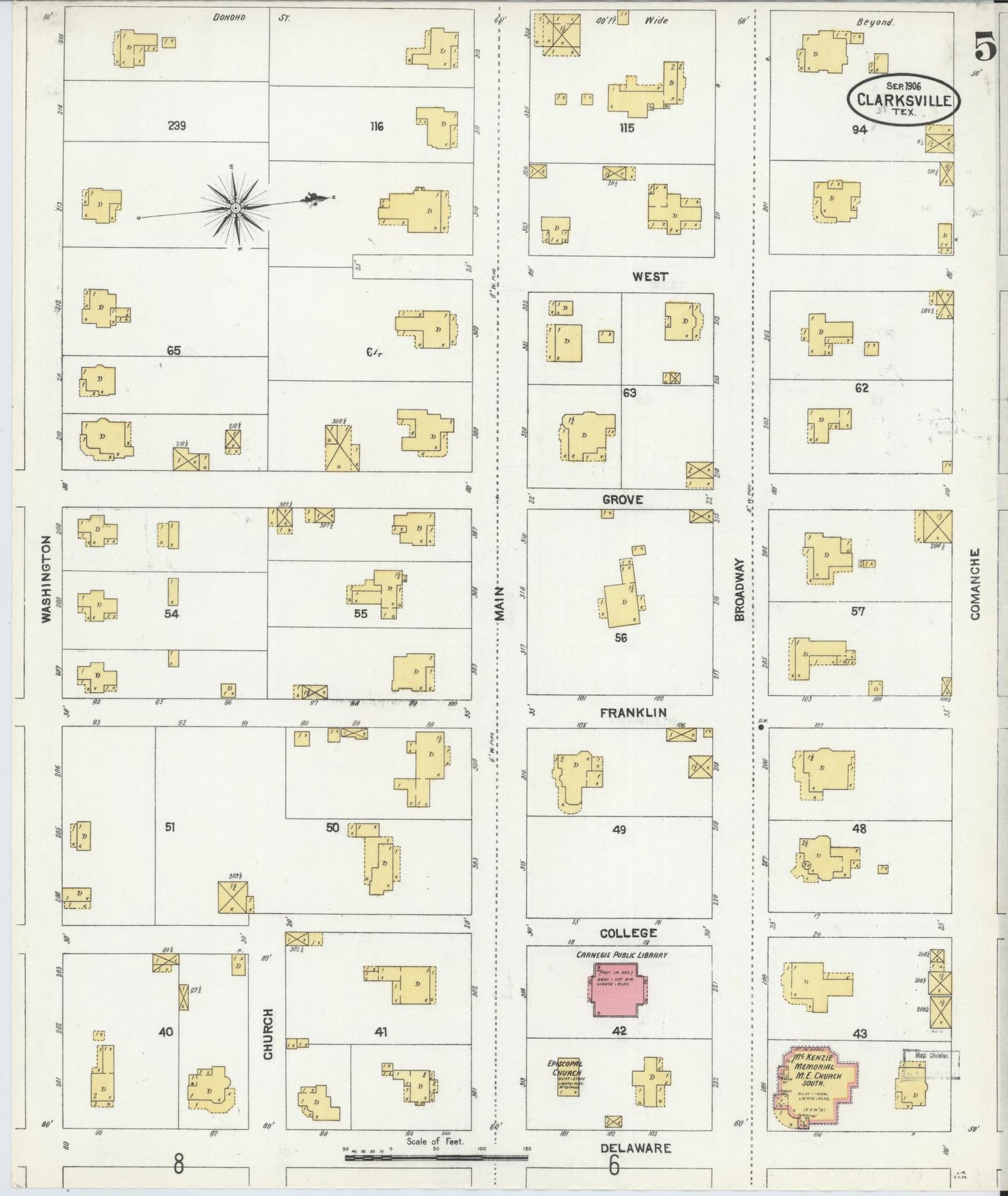 Sanborn Fire Insurance Map from Clarksville, Red River County, Texas (1906), Sheet #0005 - Complete Map Set gallery image, historic Sanborn map, vintage wall art, Texas Texas