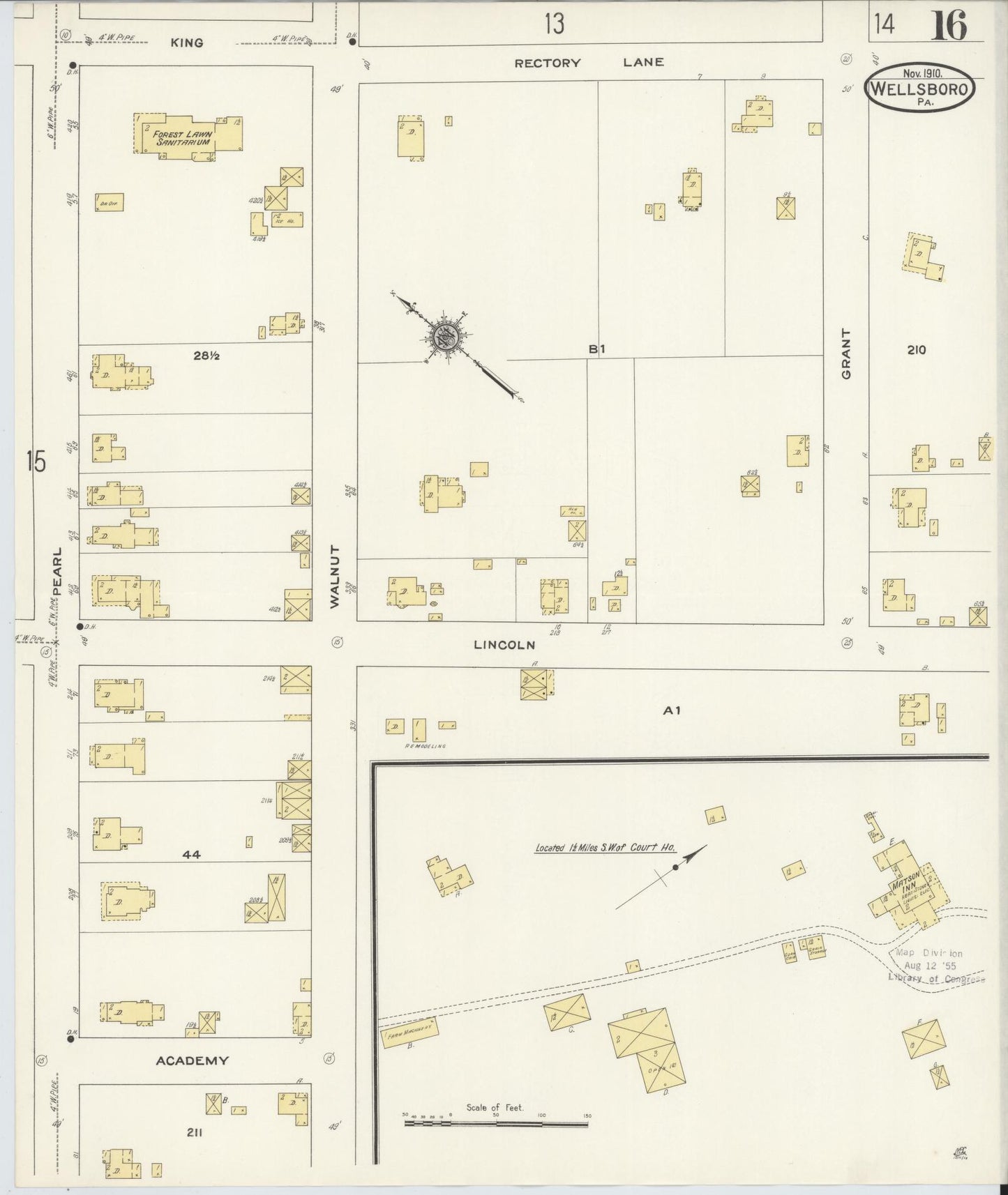 Sanborn Fire Insurance Map from Wellsboro, Tioga County, Pennsylvania (1910), Sheet #0016 - Historic Sanborn Fire Insurance Map Print, vintage old map wall art, antique decor, genealogy gift, Pennsylvania Pennsylvania map