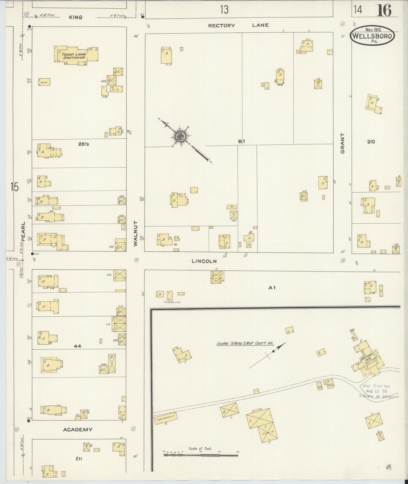Sanborn Fire Insurance Map from Wellsboro, Tioga County, Pennsylvania (1910), Sheet #0016 - Historic Sanborn Fire Insurance Map Print, vintage old map wall art, antique decor, genealogy gift, Pennsylvania Pennsylvania map