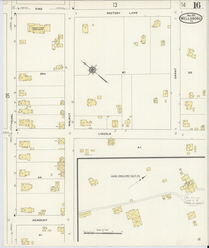 Sanborn Fire Insurance Map from Wellsboro, Tioga County, Pennsylvania (1910), Sheet #0016 - Historic Sanborn Fire Insurance Map Print, vintage old map wall art, antique decor, genealogy gift, Pennsylvania Pennsylvania map
