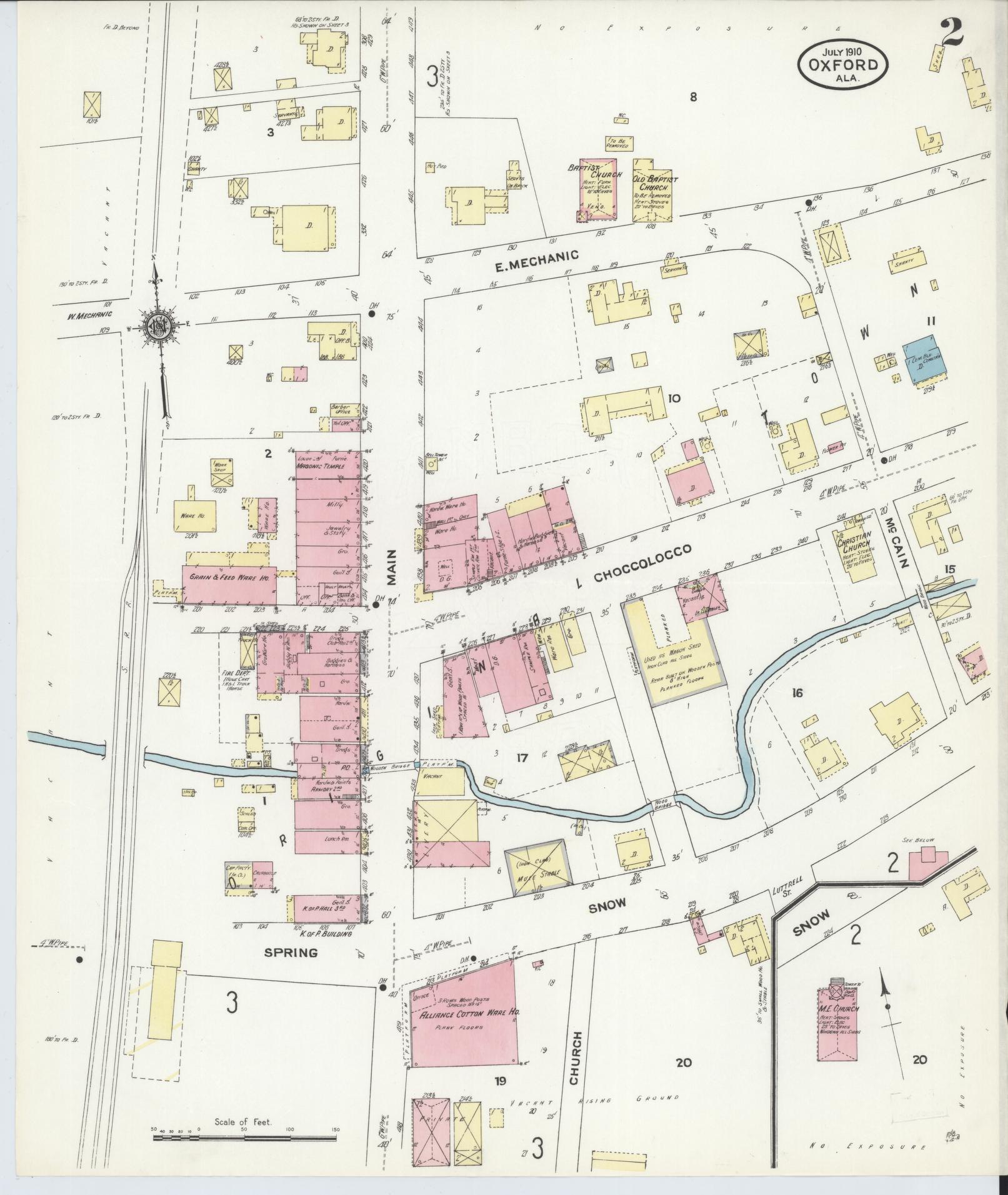 Sanborn Fire Insurance Map from Oxford, Calhoun County, Alabama (1910), Sheet #0002 - Historic Sanborn Fire Insurance Map Print, vintage old map wall art, antique decor, genealogy gift, Alabama Alabama map