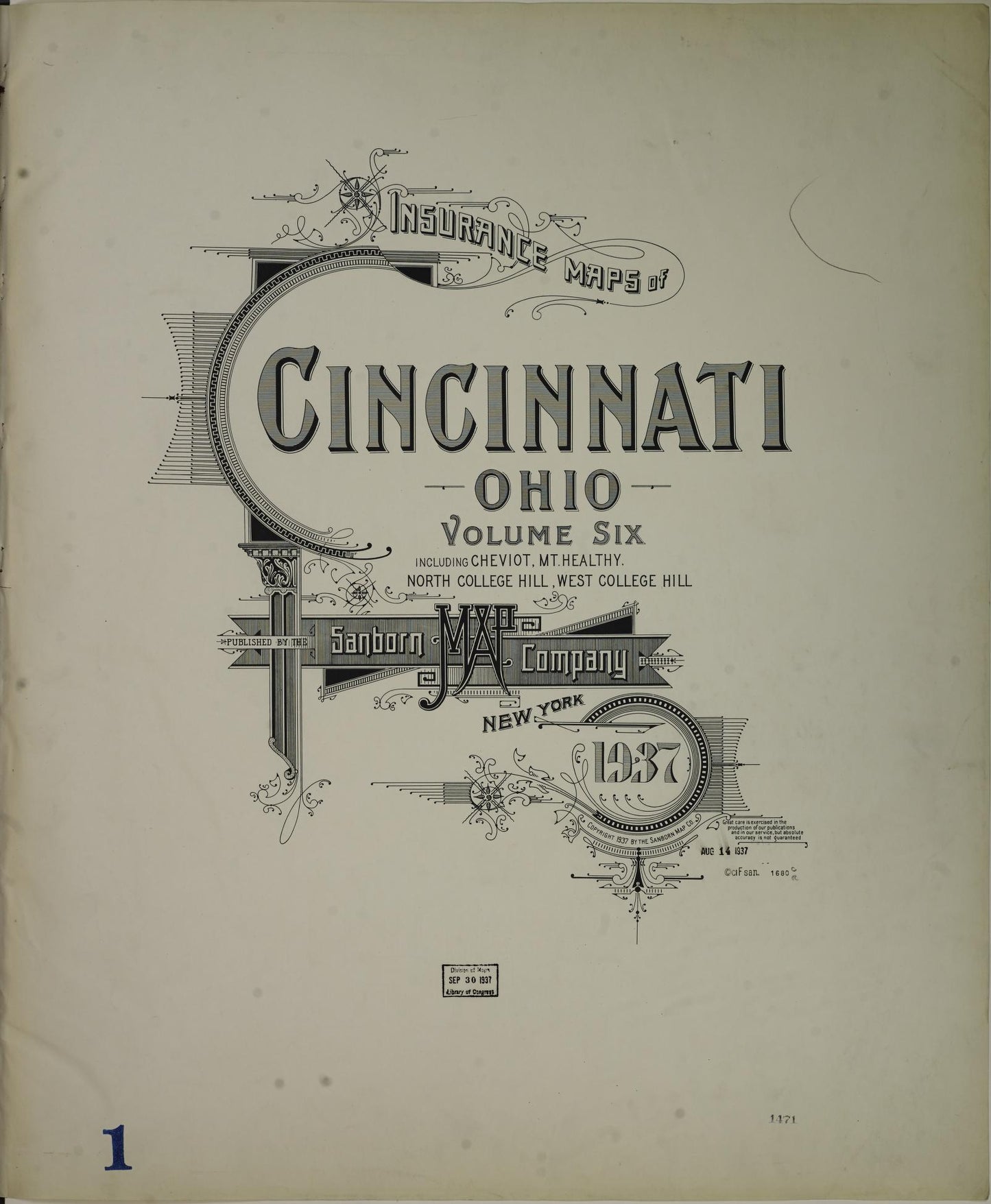 Sanborn Fire Insurance Map from Cincinnati, Hamilton County, Ohio (1937), Sheet #0001 - Complete Map Set gallery image, historic Sanborn map, vintage wall art, Ohio Ohio