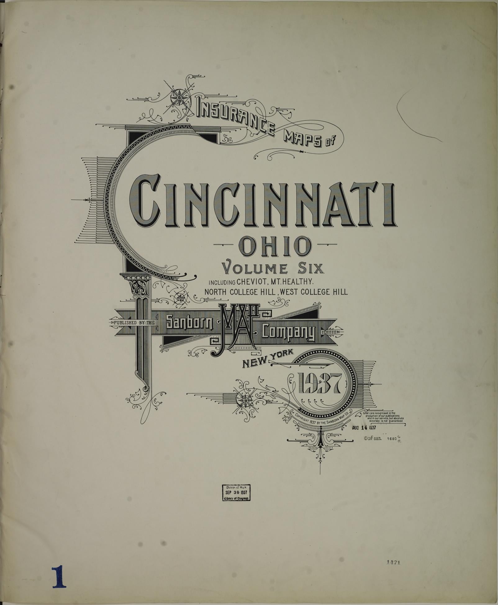 Sanborn Fire Insurance Map from Cincinnati, Hamilton County, Ohio (1937), Sheet #0001 - Complete Map Set gallery image, historic Sanborn map, vintage wall art, Ohio Ohio
