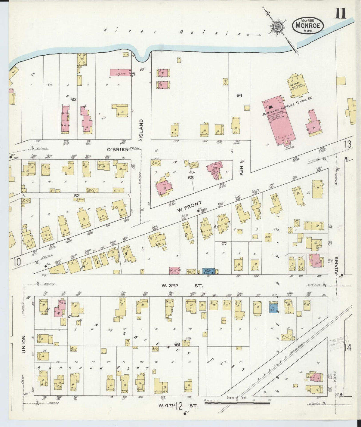 Sanborn Fire Insurance Map from Monroe, Monroe County, Michigan (1916), Sheet #0011 - Historic Sanborn Fire Insurance Map Print, vintage old map wall art, antique decor, genealogy gift, Michigan Michigan map