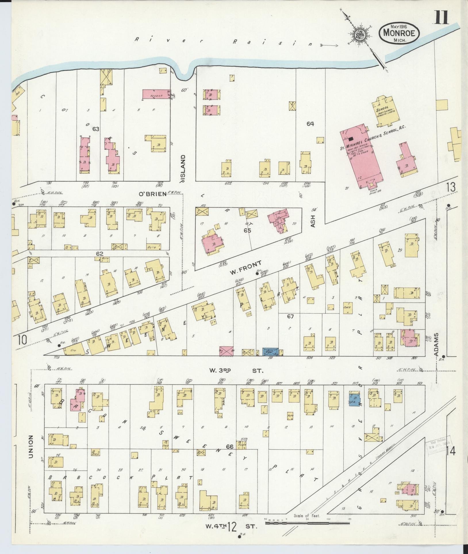 Sanborn Fire Insurance Map from Monroe, Monroe County, Michigan (1916), Sheet #0011 - Historic Sanborn Fire Insurance Map Print, vintage old map wall art, antique decor, genealogy gift, Michigan Michigan map