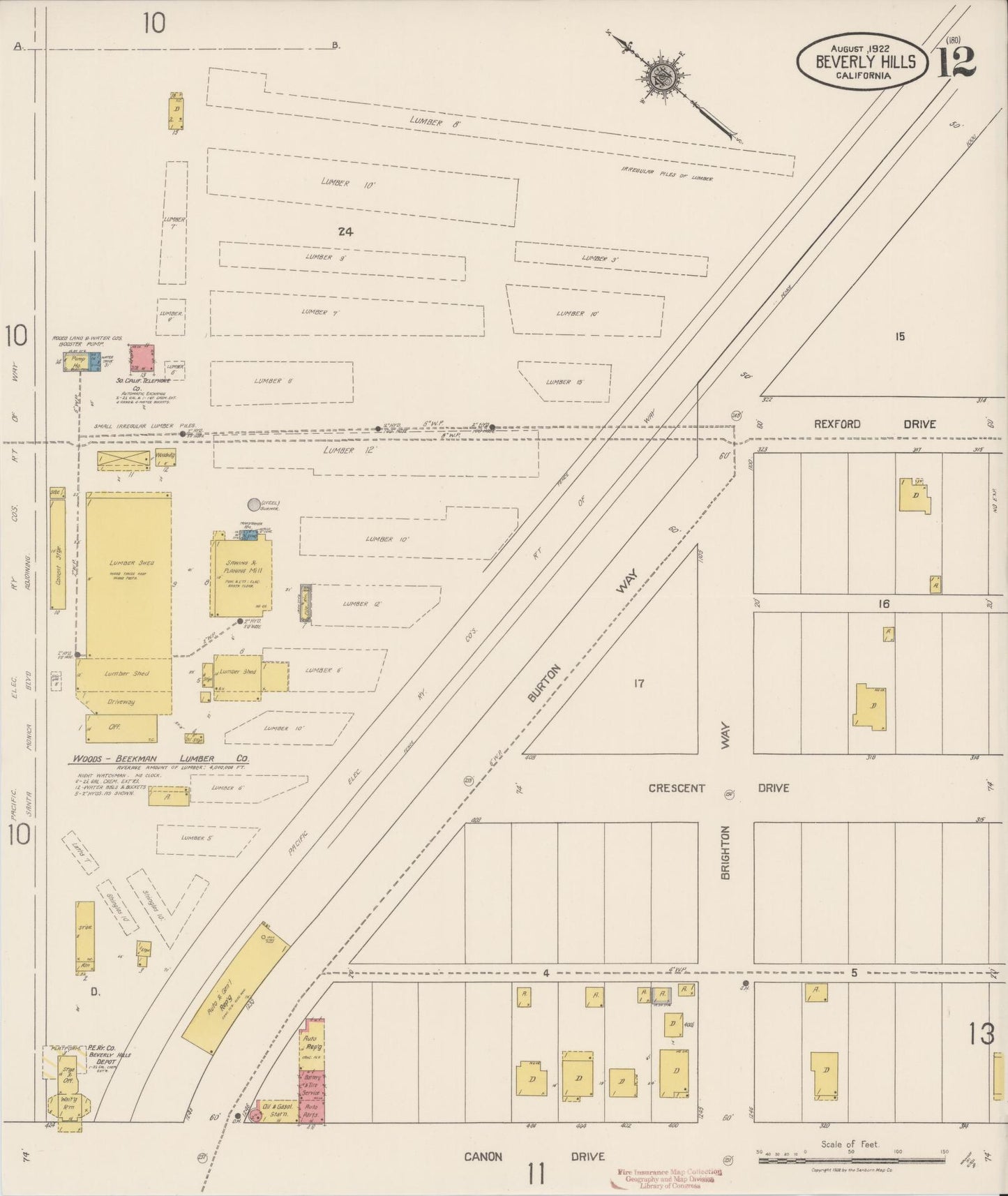 Sanborn Fire Insurance Map from Beverly Hills, Los Angeles County, California (1922), Sheet #0012 - Historic Sanborn Fire Insurance Map Print, vintage old map wall art, antique decor, genealogy gift, California California map