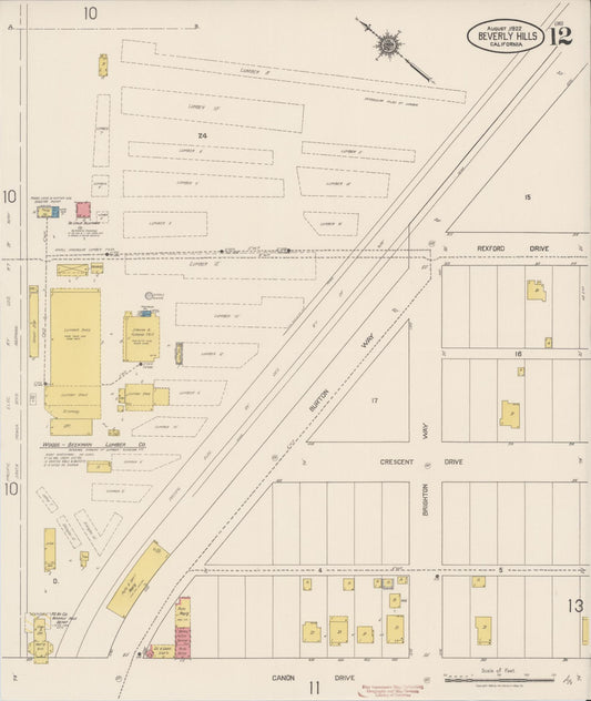 Sanborn Fire Insurance Map from Beverly Hills, Los Angeles County, California (1922), Sheet #0012 - Historic Sanborn Fire Insurance Map Print, vintage old map wall art, antique decor, genealogy gift, California California map
