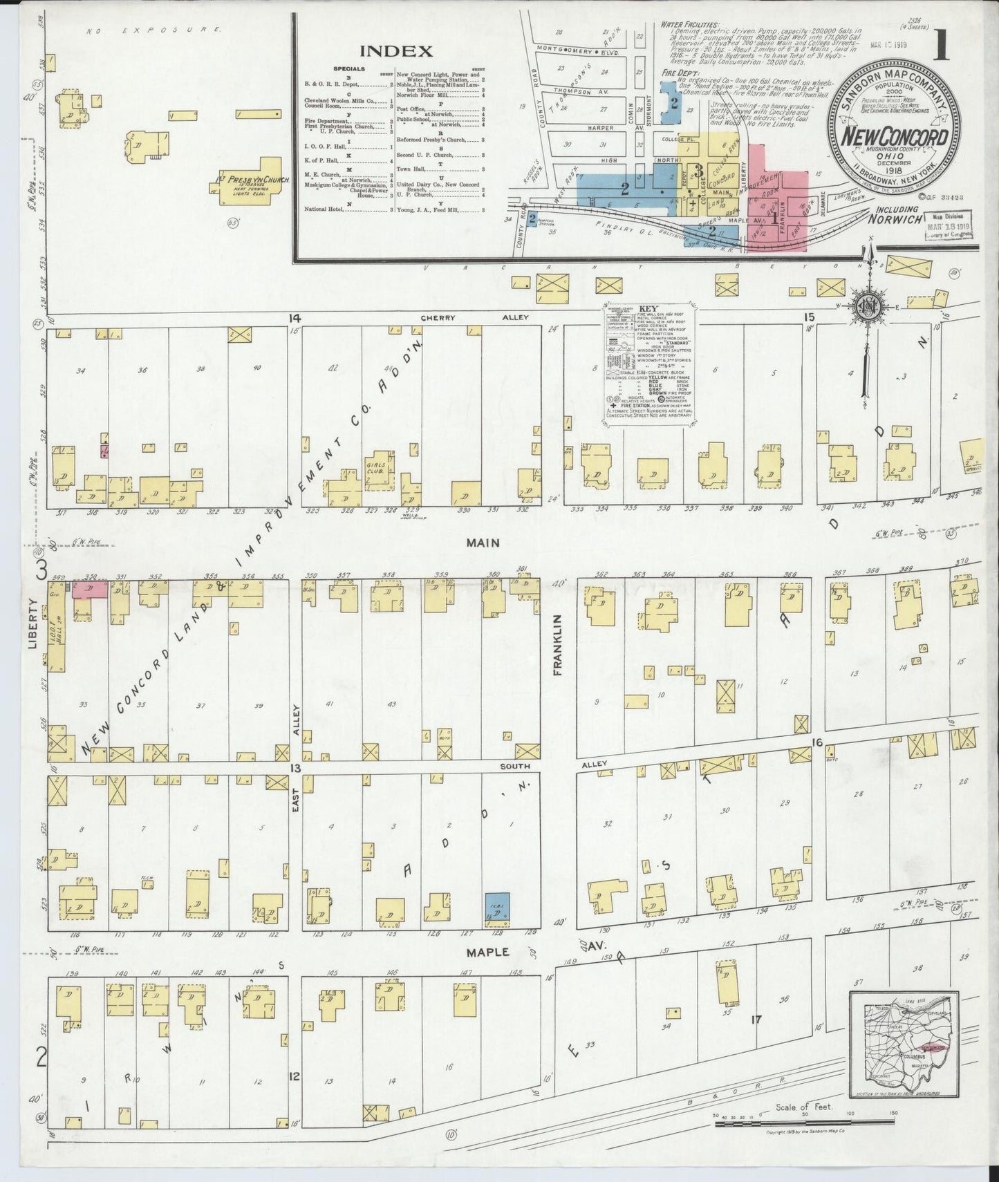 Sanborn Fire Insurance Map from New Concord, Muskingum County, Ohio (1918), Sheet #0001 - Complete Map Set gallery image, historic Sanborn map, vintage wall art, Ohio Ohio