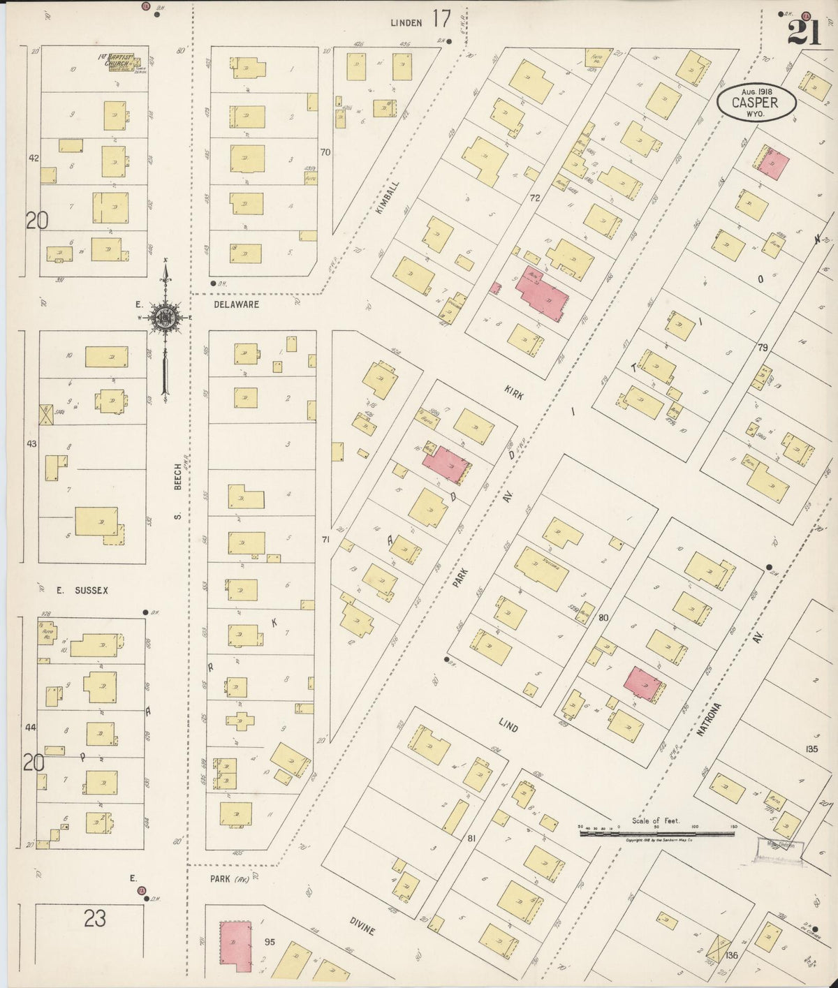 Sanborn Fire Insurance Map from Casper, Natrona County, Wyoming (1918), Sheet #0021 - Historic Sanborn Fire Insurance Map Print, vintage old map wall art, antique decor, genealogy gift, Wyoming Wyoming map