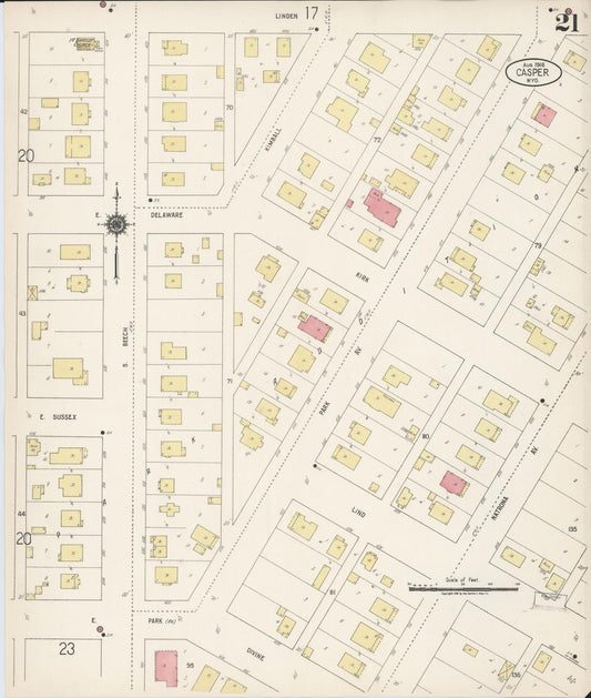 Sanborn Fire Insurance Map from Casper, Natrona County, Wyoming (1918), Sheet #0021 - Historic Sanborn Fire Insurance Map Print, vintage old map wall art, antique decor, genealogy gift, Wyoming Wyoming map