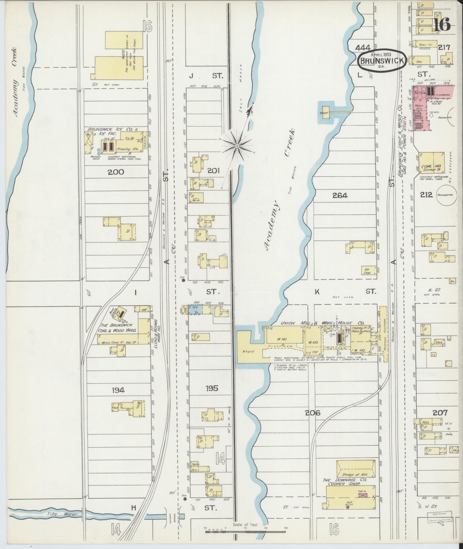 Sanborn Fire Insurance Map from Brunswick, Glynn County, Georgia (1893), Sheet #0016 - Complete Map Set gallery image, historic Sanborn map, vintage wall art, Georgia Georgia