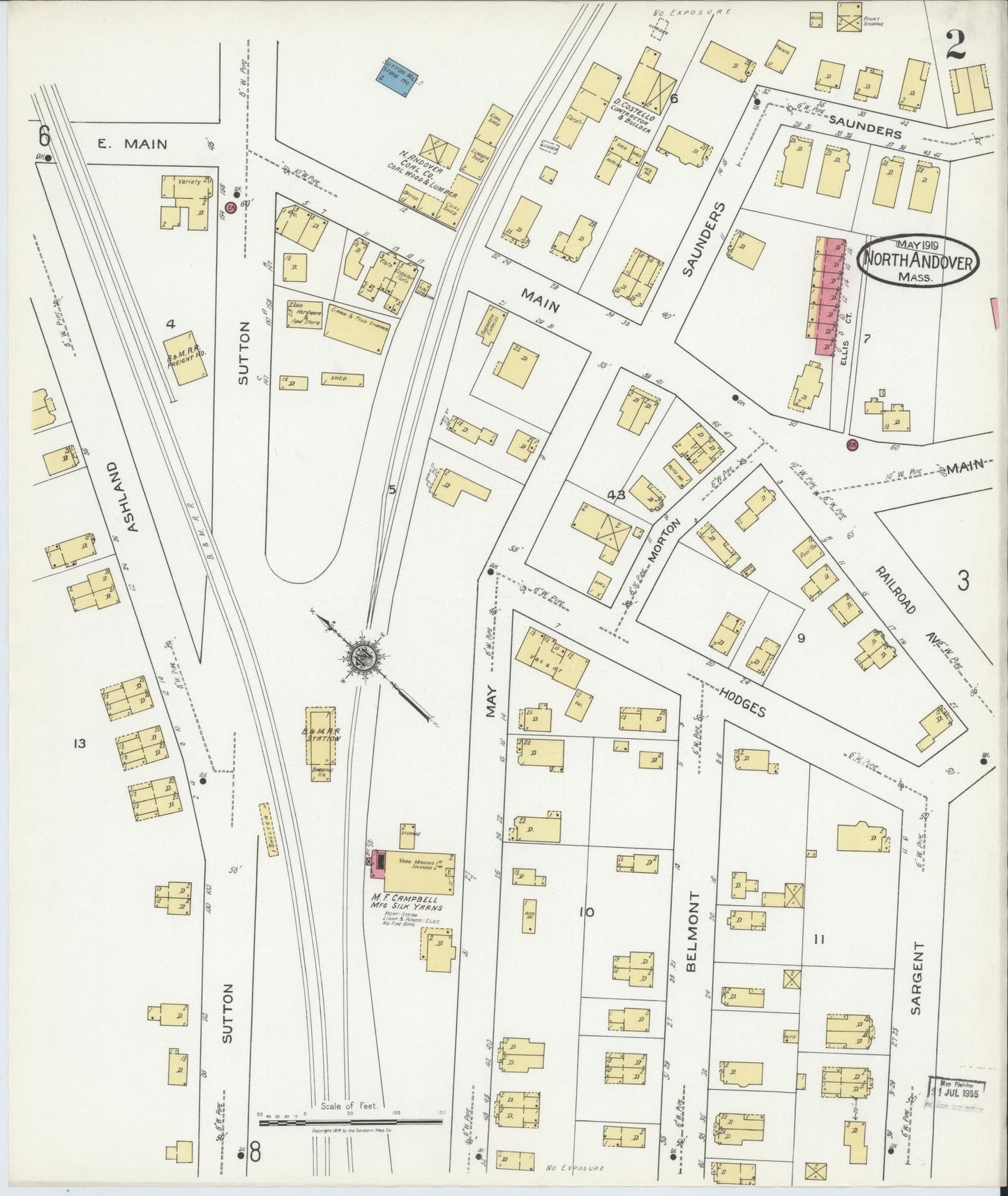 Sanborn Fire Insurance Map from North Andover, Essex County, Massachusetts (1919), Sheet #0002 - Historic Sanborn Fire Insurance Map Print, vintage old map wall art, antique decor, genealogy gift, Massachusetts Massachusetts map