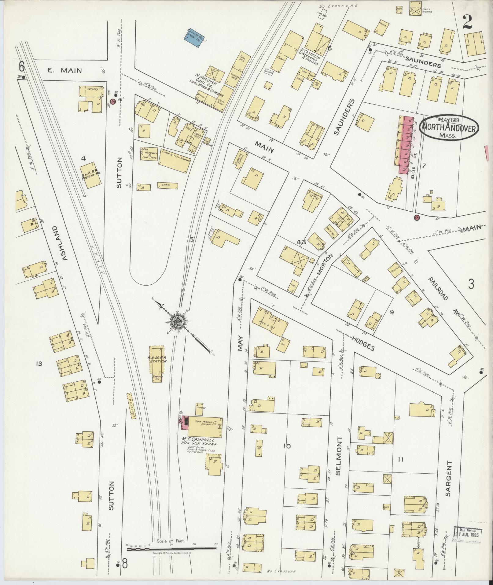 Sanborn Fire Insurance Map from North Andover, Essex County, Massachusetts (1919), Sheet #0002 - Historic Sanborn Fire Insurance Map Print, vintage old map wall art, antique decor, genealogy gift, Massachusetts Massachusetts map