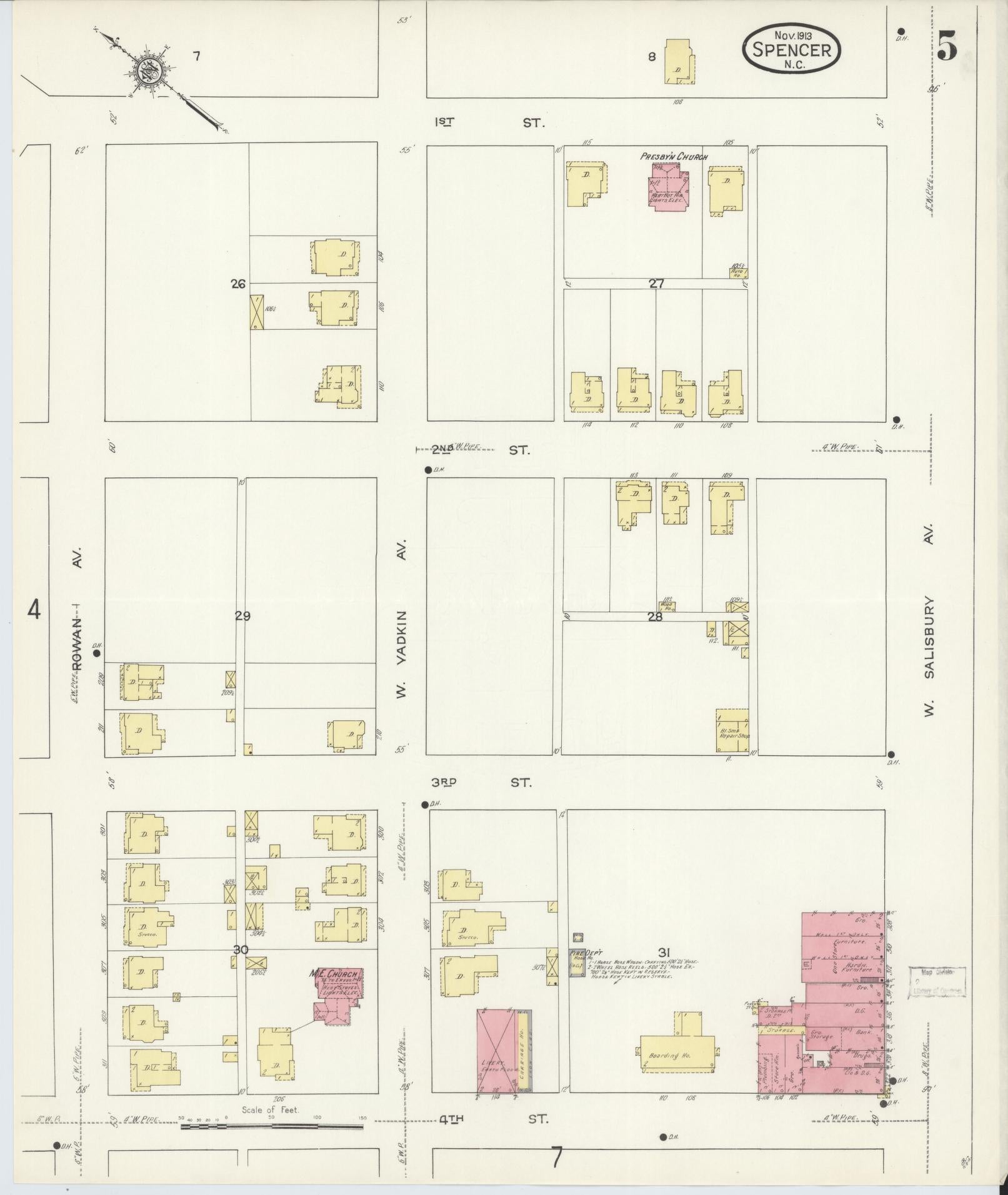 Sanborn Fire Insurance Map from Spencer, Rowan County, North Carolina (1913), Sheet #0005 - Complete Map Set gallery image, historic Sanborn map, vintage wall art, North Carolina North Carolina