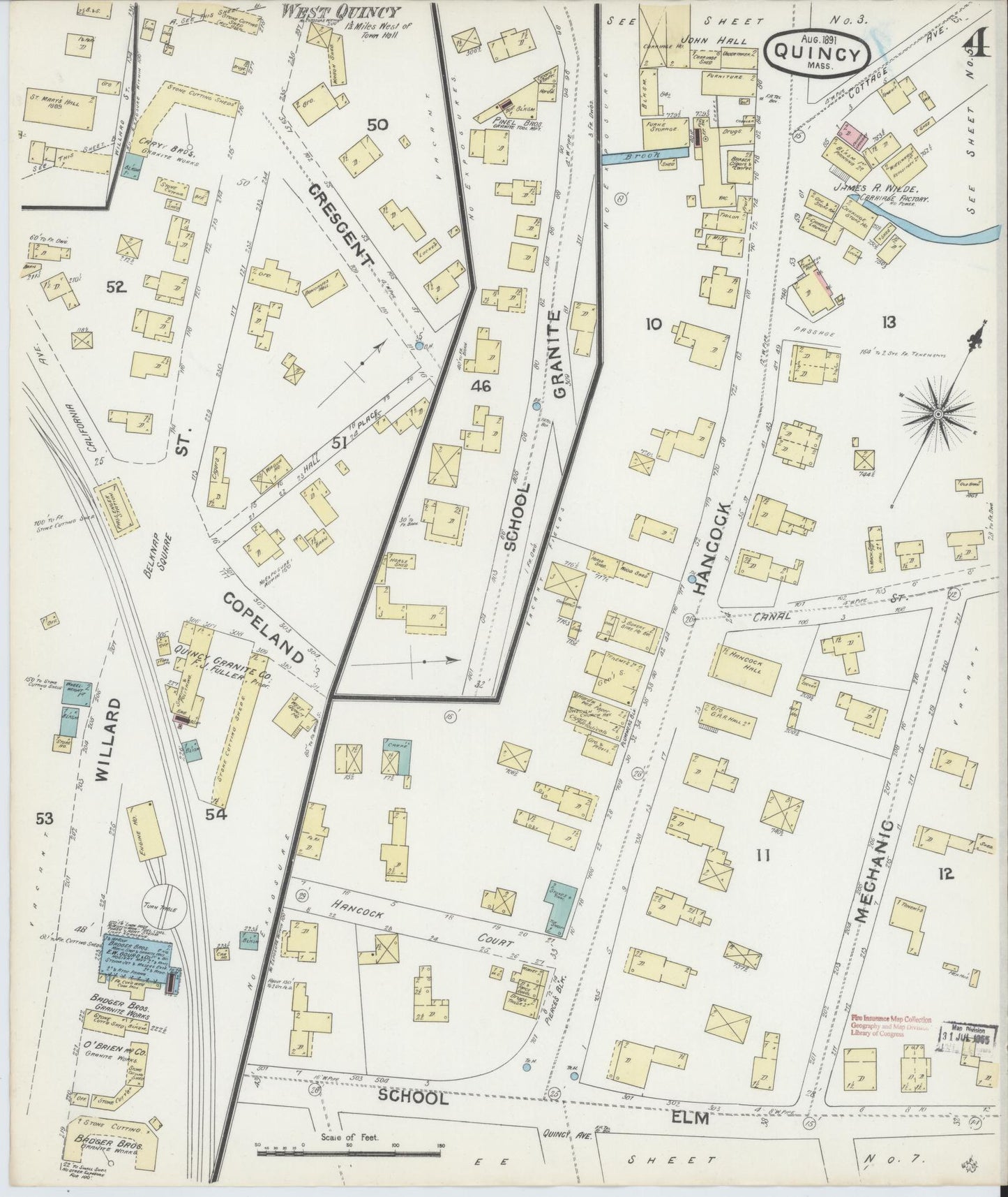 Sanborn Fire Insurance Map from Quincy, Norfolk County, Massachusetts (1891), Sheet #0004 - Historic Sanborn Fire Insurance Map Print, vintage old map wall art, antique decor, genealogy gift, Massachusetts Massachusetts map